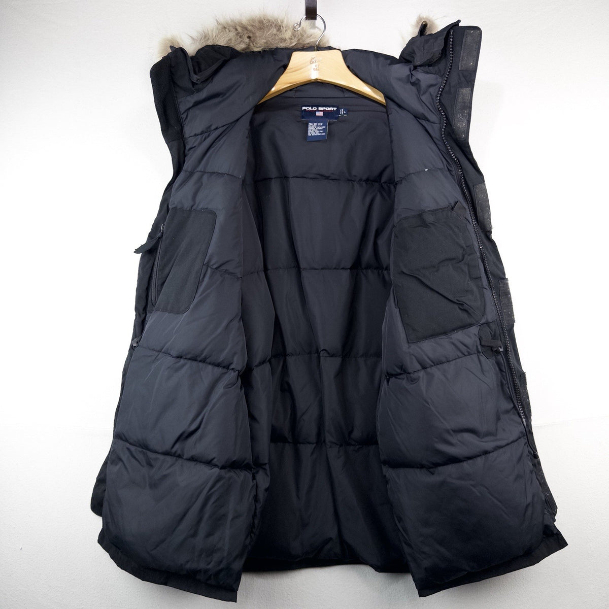 90’s Vtg Polo Sport Ralph Lauren Men’s L Black Down Parka Jacket Coyote Fur Trim