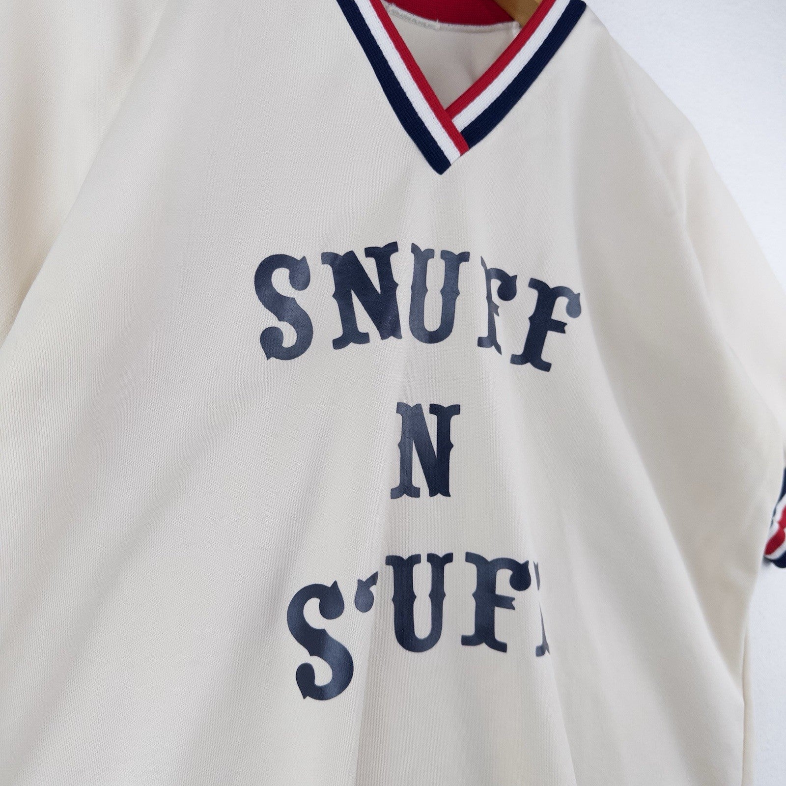 70s Vtg “Snuff And Stuff” Ringer Baseball Tee T-shirt Men’s L Red White Blue