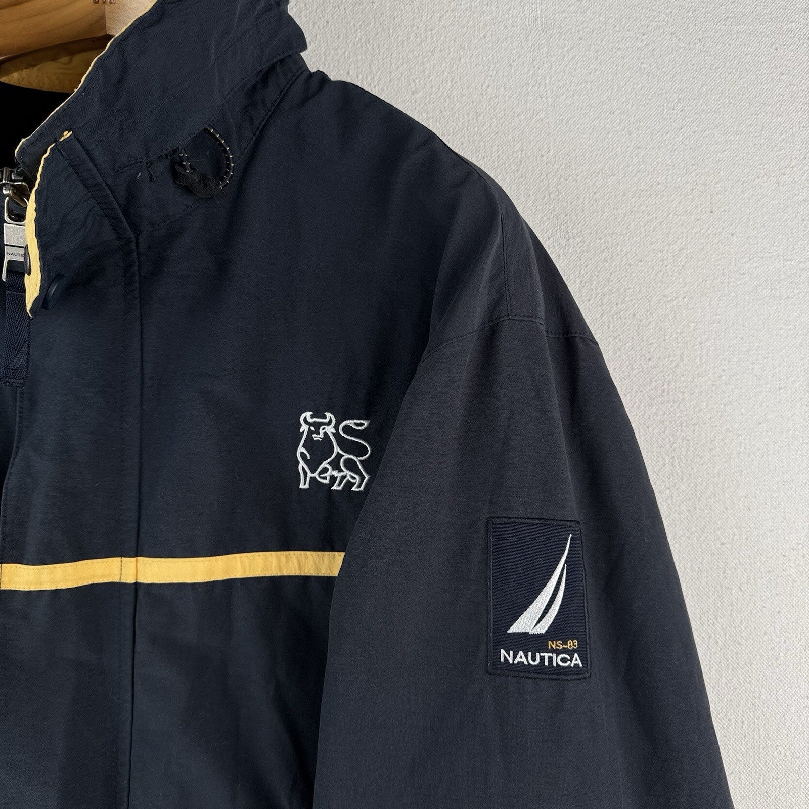 90’s Vtg Nautica NS-83 Windbreaker Hideaway Hood Jacket Mens L Merrill Lynch