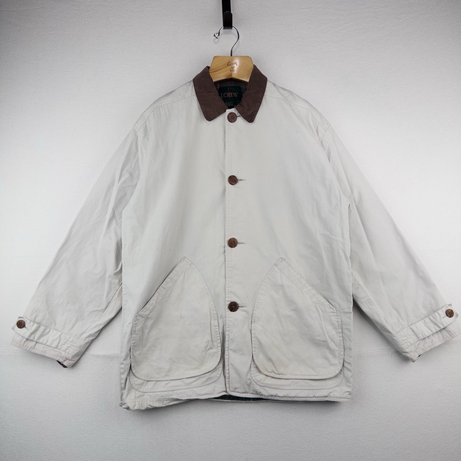 90’s Vtg J. Crew Oarsman Barn Jacket Chore Field Coat Corduroy Collar Beige M