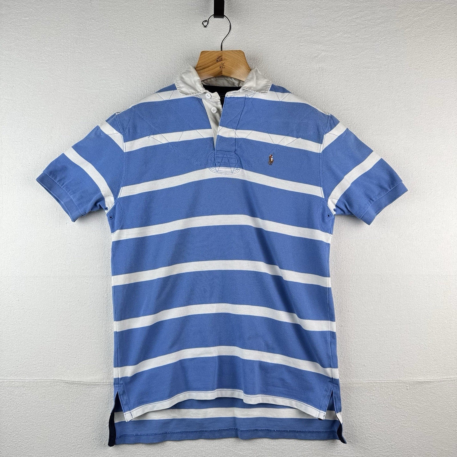 Vtg Polo Ralph Lauren Men's M Short Sleeve Quilted Rugby Light Blue White Stripe
