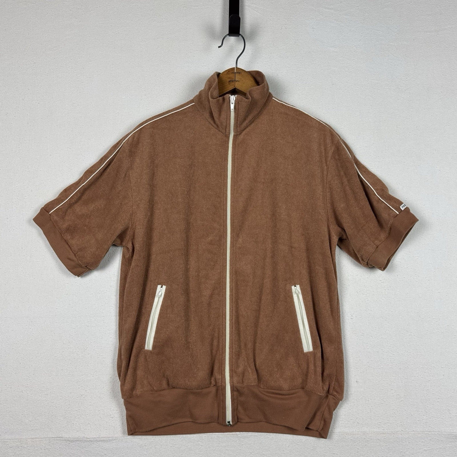 Vintage 80's Men's M Beach Pool Swim Cabana Tennis Shirt Tan Terry Cloth Zip Up