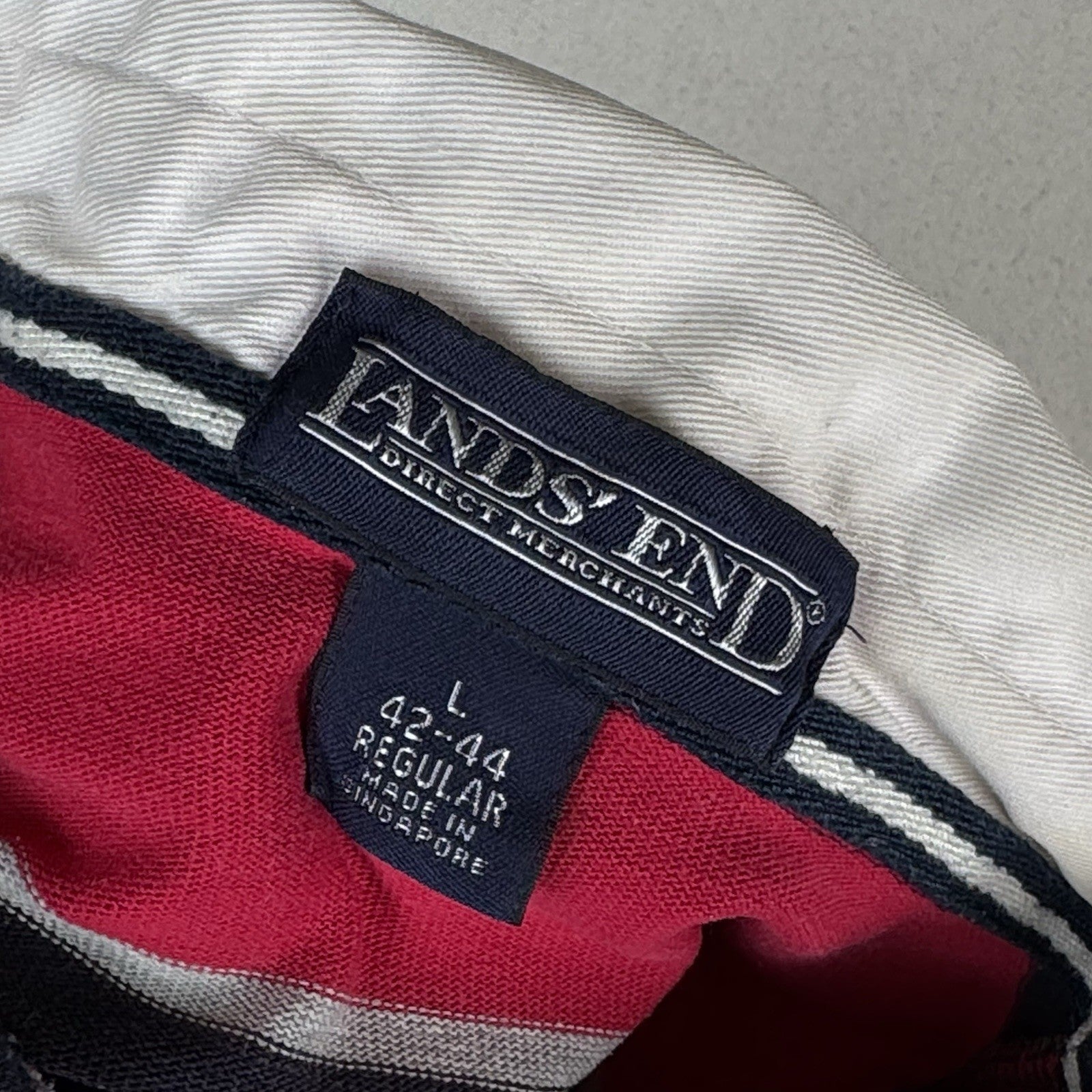 Vintage Lands End Rugby Shirt Mens Large 42-44 Red Blue Gray Striped Polo