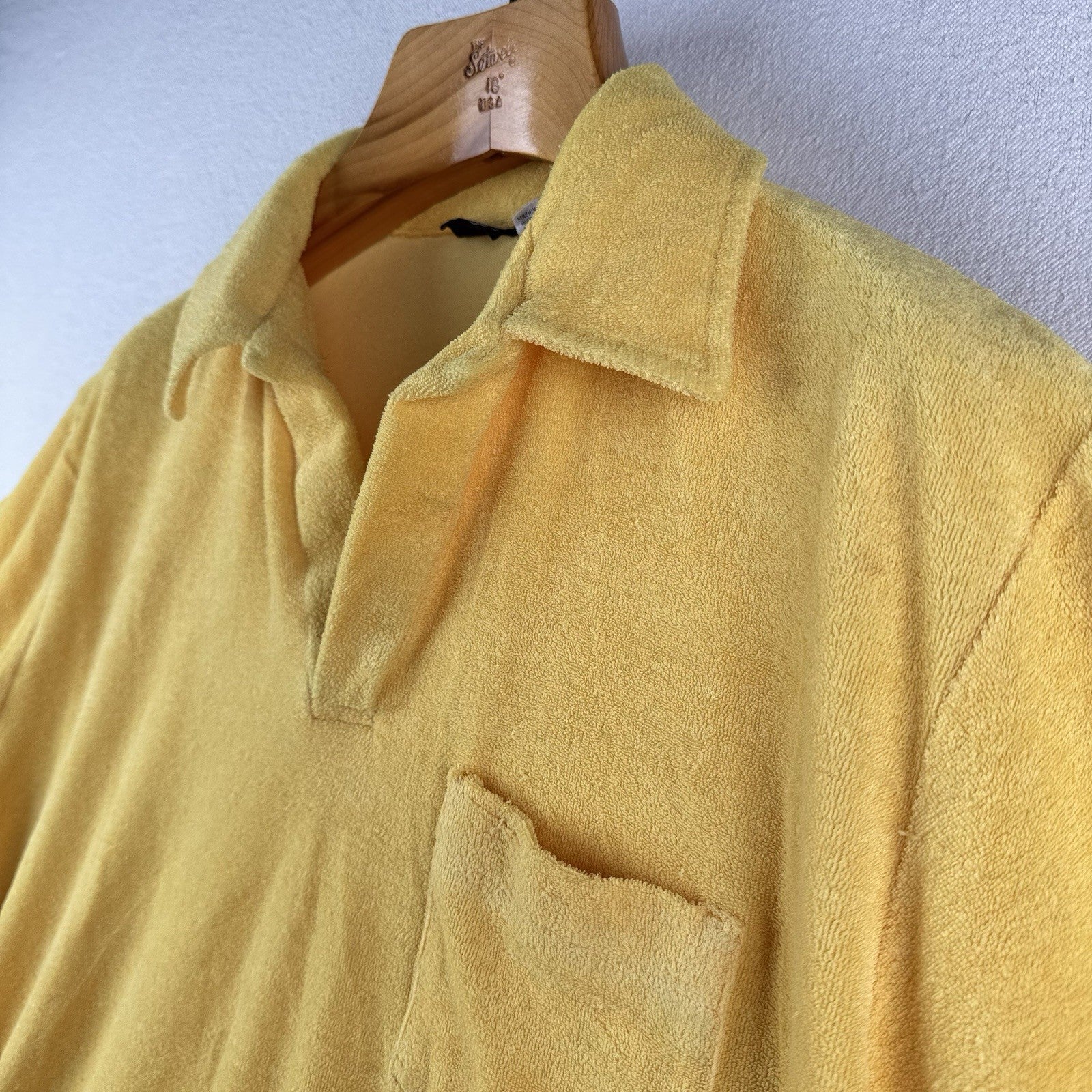 70s Vtg Selkirk Yellow Terry Cloth Pocket Polo Shirt XL Cabana Beach Pool V-neck
