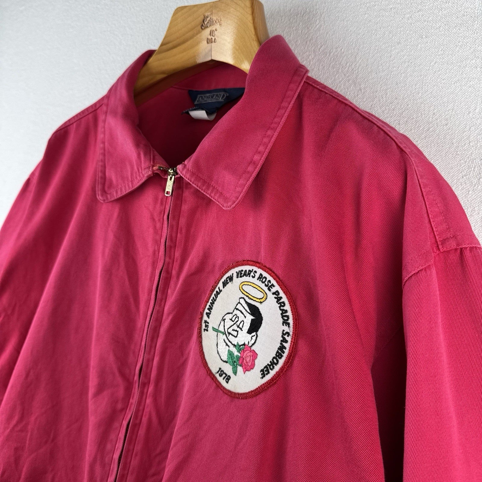 Vtg Lands End Harrington Jacket Faded Pink Red Boxy ‘78 Rose Parade Patch Large
