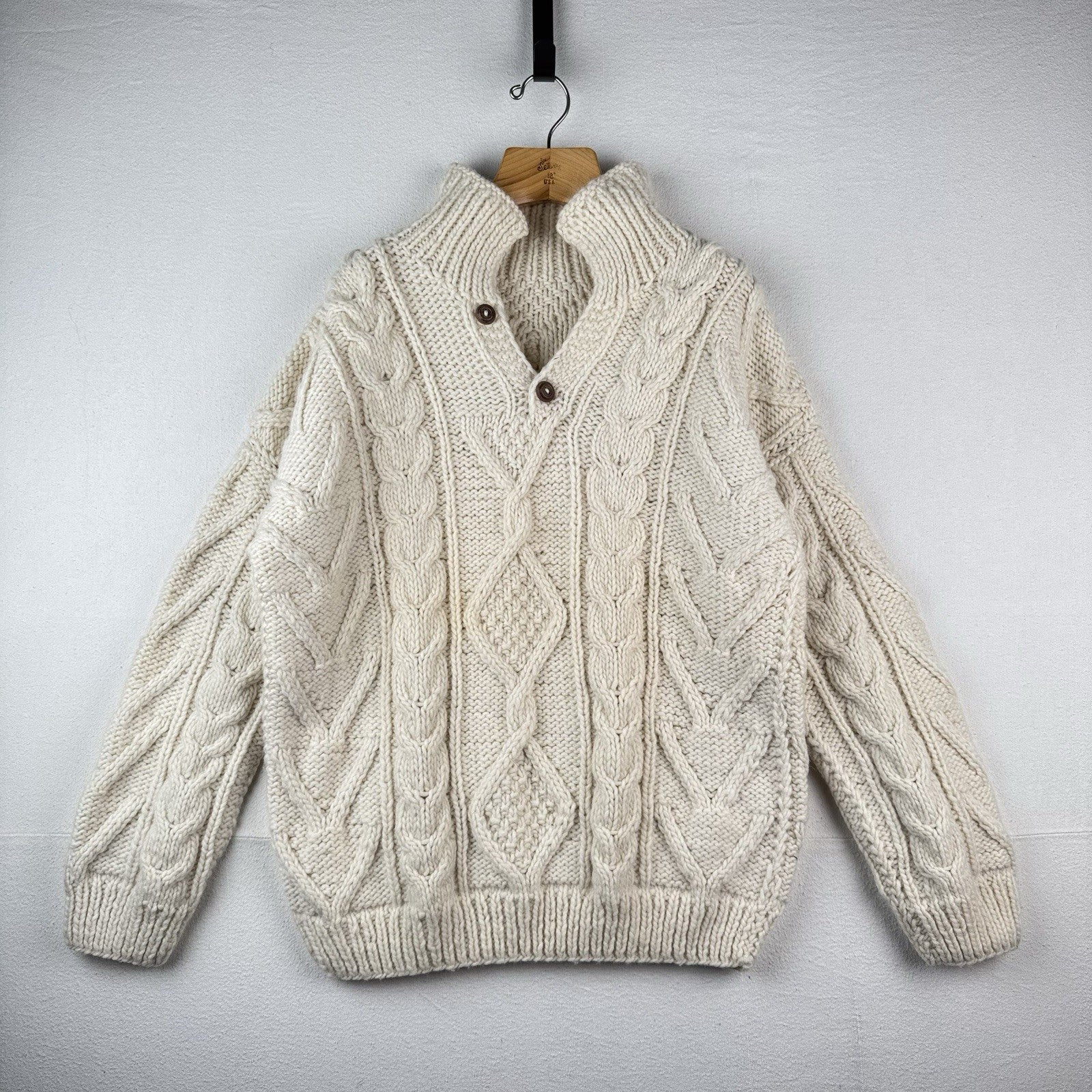 Handknit Wool 2XL Fisherman Sweater Cream White Knit Collar 2-button 48” *Read