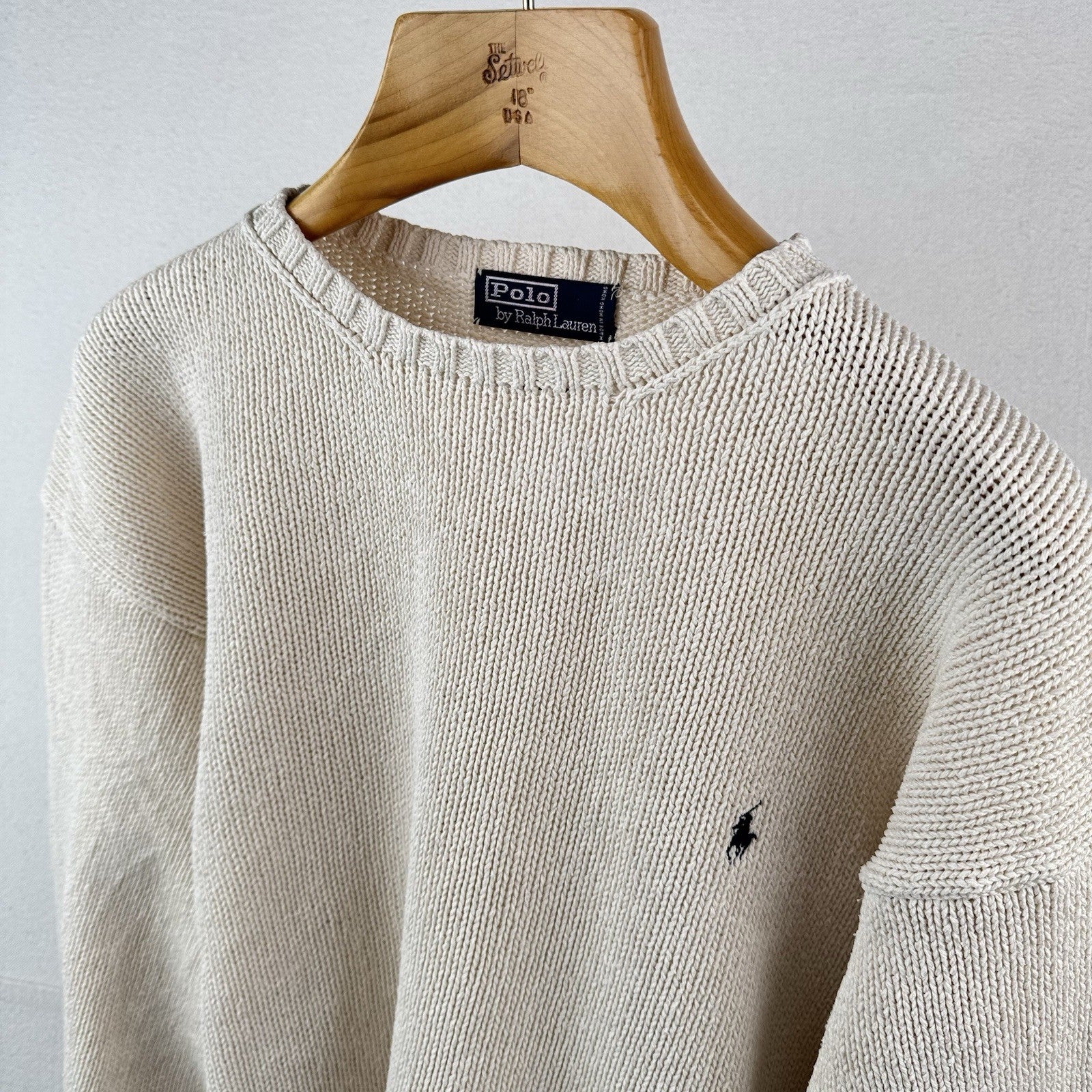 90s Vtg Polo Ralph Lauren Sweater Men's 2XL Cream 100% Cotton Crewneck Navy Pony