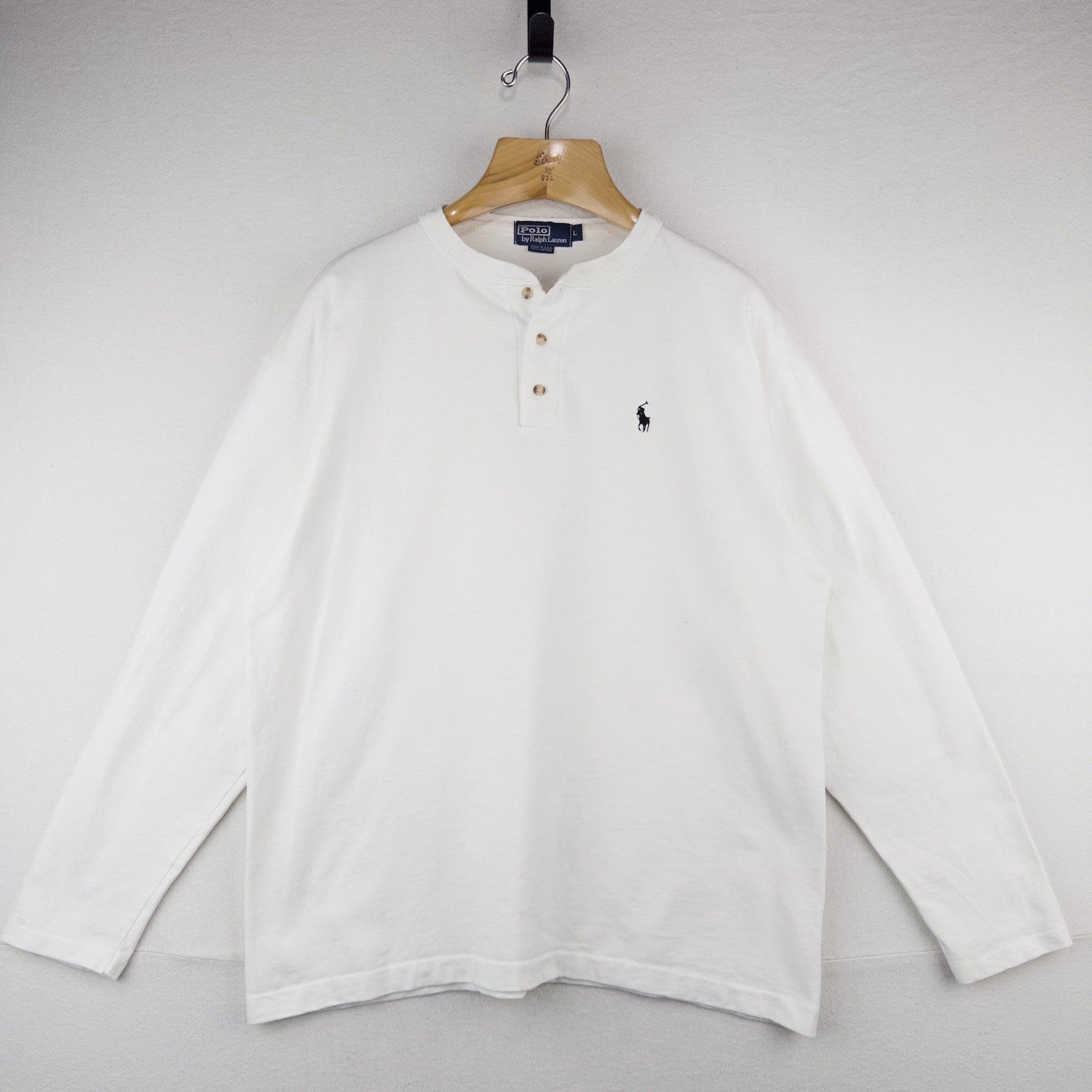 80’s Vtg Polo Ralph Lauren Henley Shirt Men’s L White Long Sleeve Made In USA