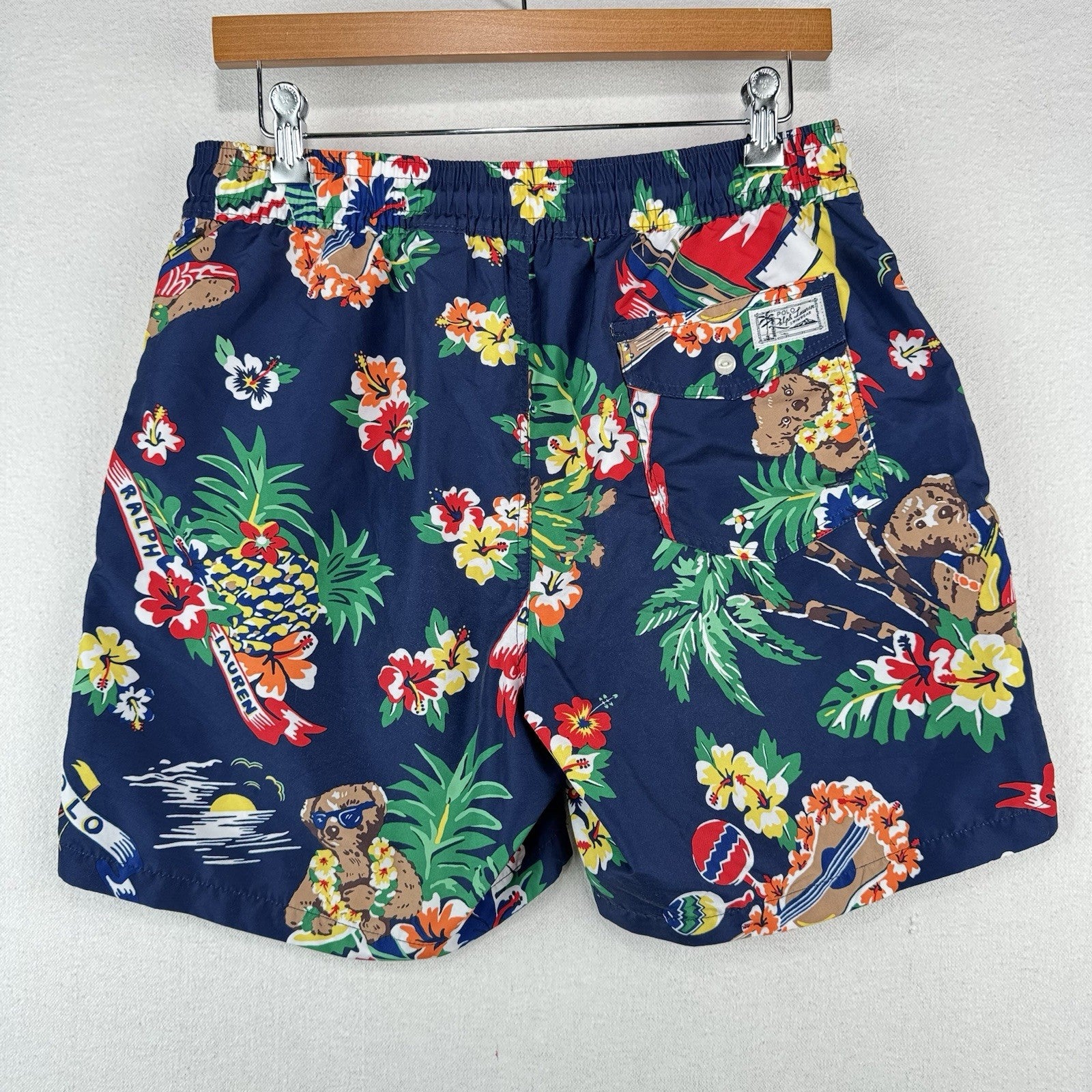 Polo Ralph Lauren Swim Trunks Mens M Blue Bear Floral Mesh Lined Drawstring 5”