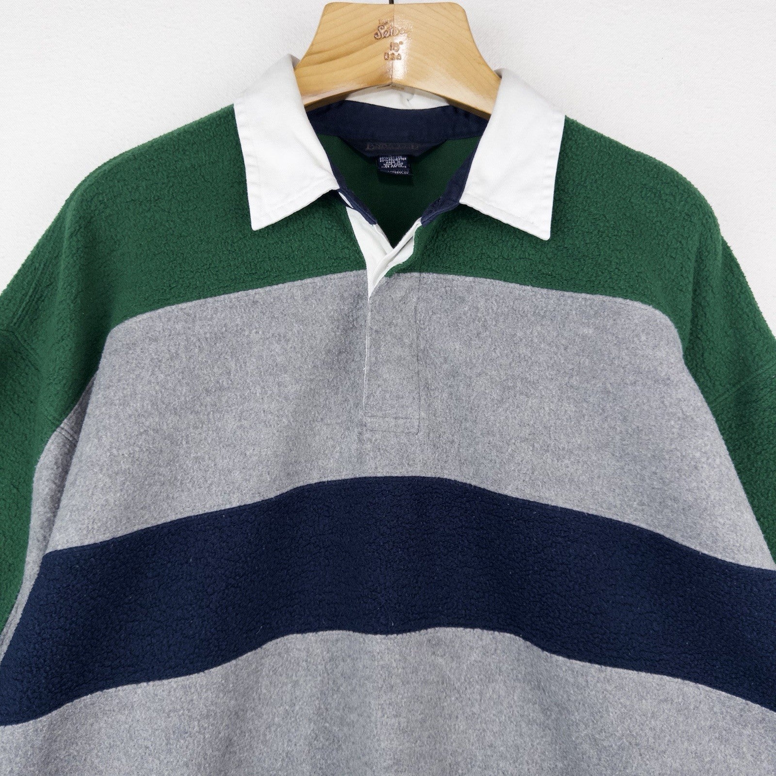 90’s Vtg Lands End Direct Merchants Men’s L Fleece Rugby Blue Green Gray