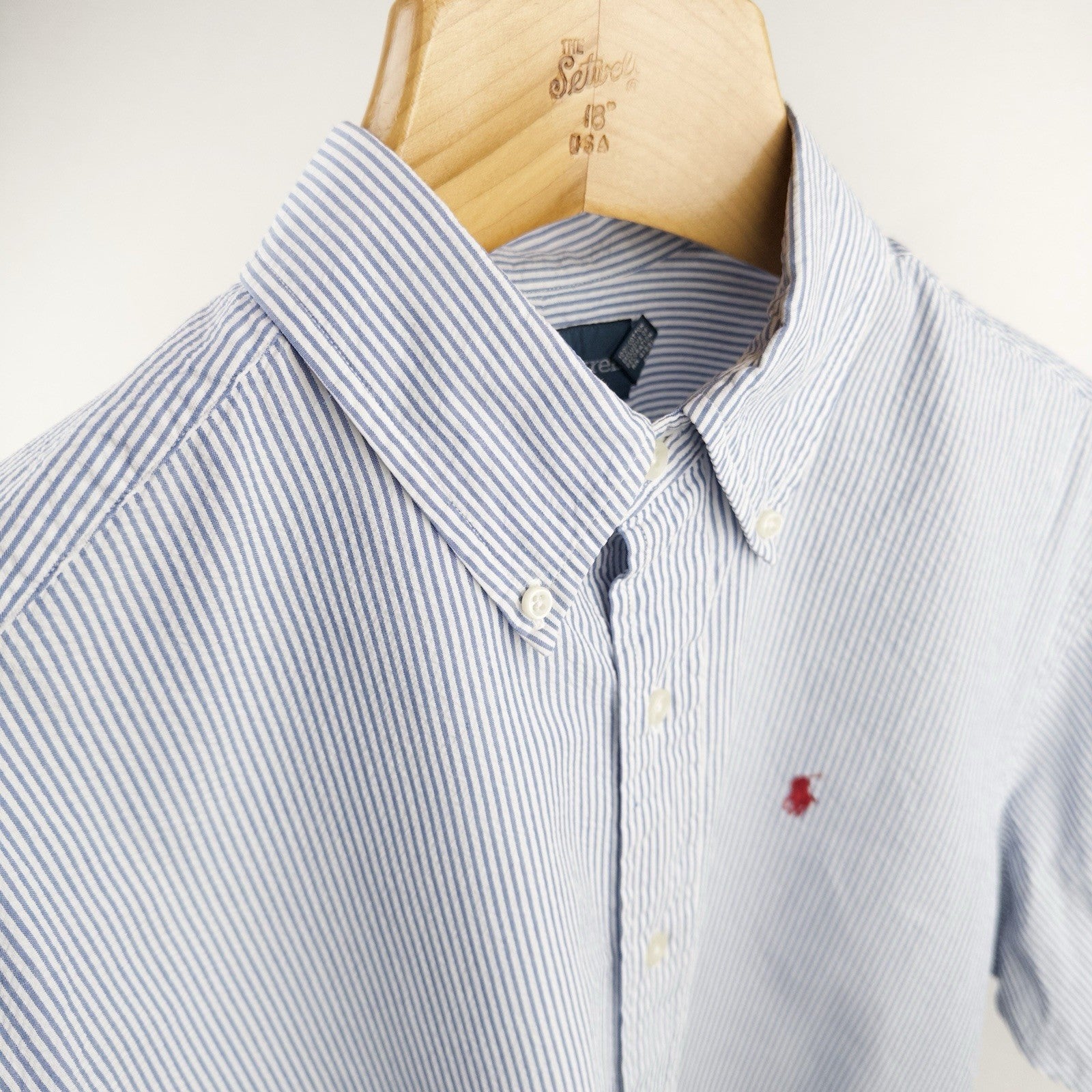 90’s Ralph Lauren Seersucker Short Sleeve Shirt Men's L Blue White Classic Fit