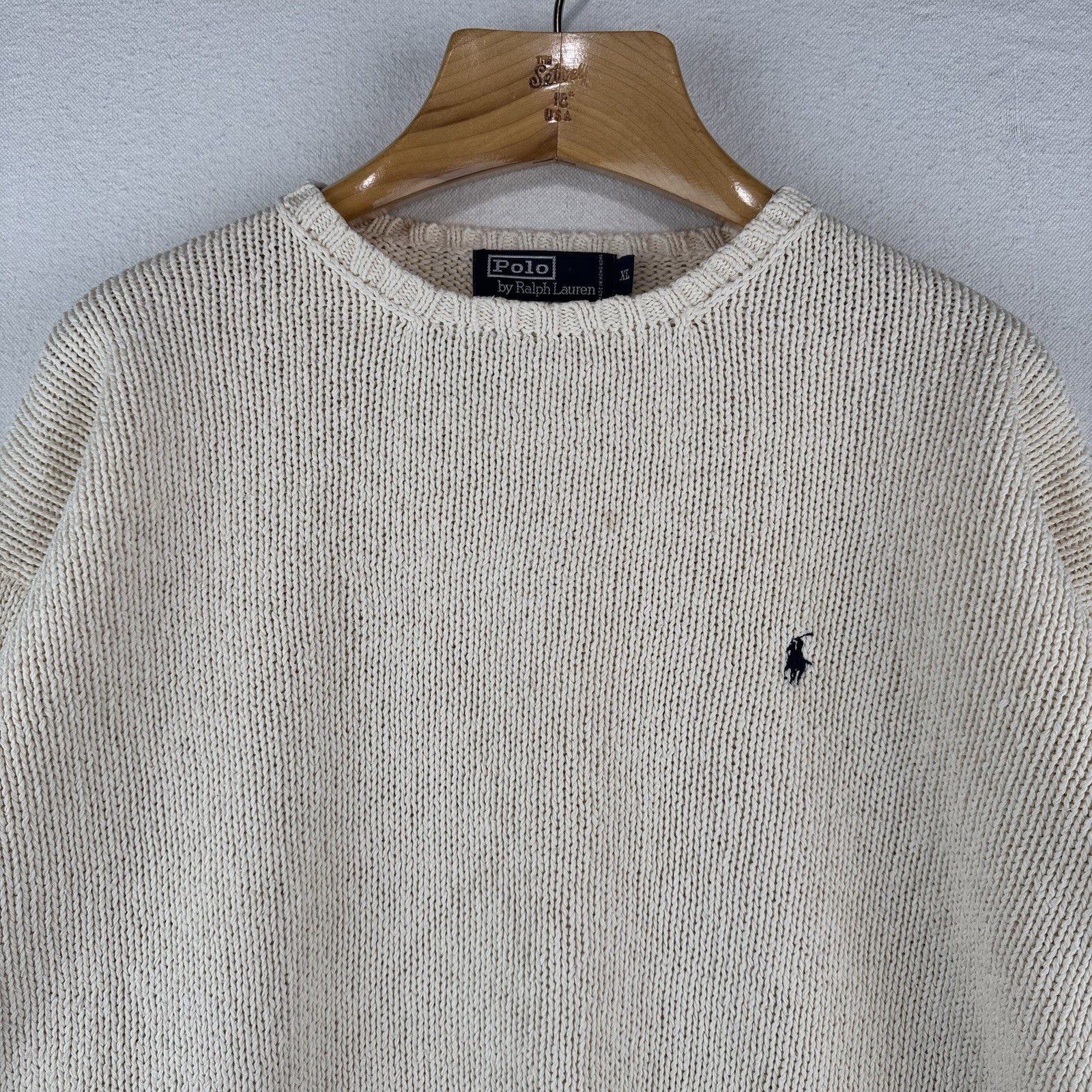 90’s Vtg Polo Ralph Lauren Sweater Men's XL Cream 100% Cotton Crewneck Navy Pony