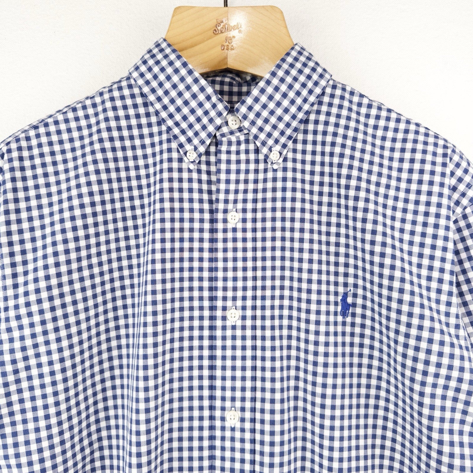 90’s Vintage Ralph Lauren Men's M Blue Gingham Check Button Down Shirt