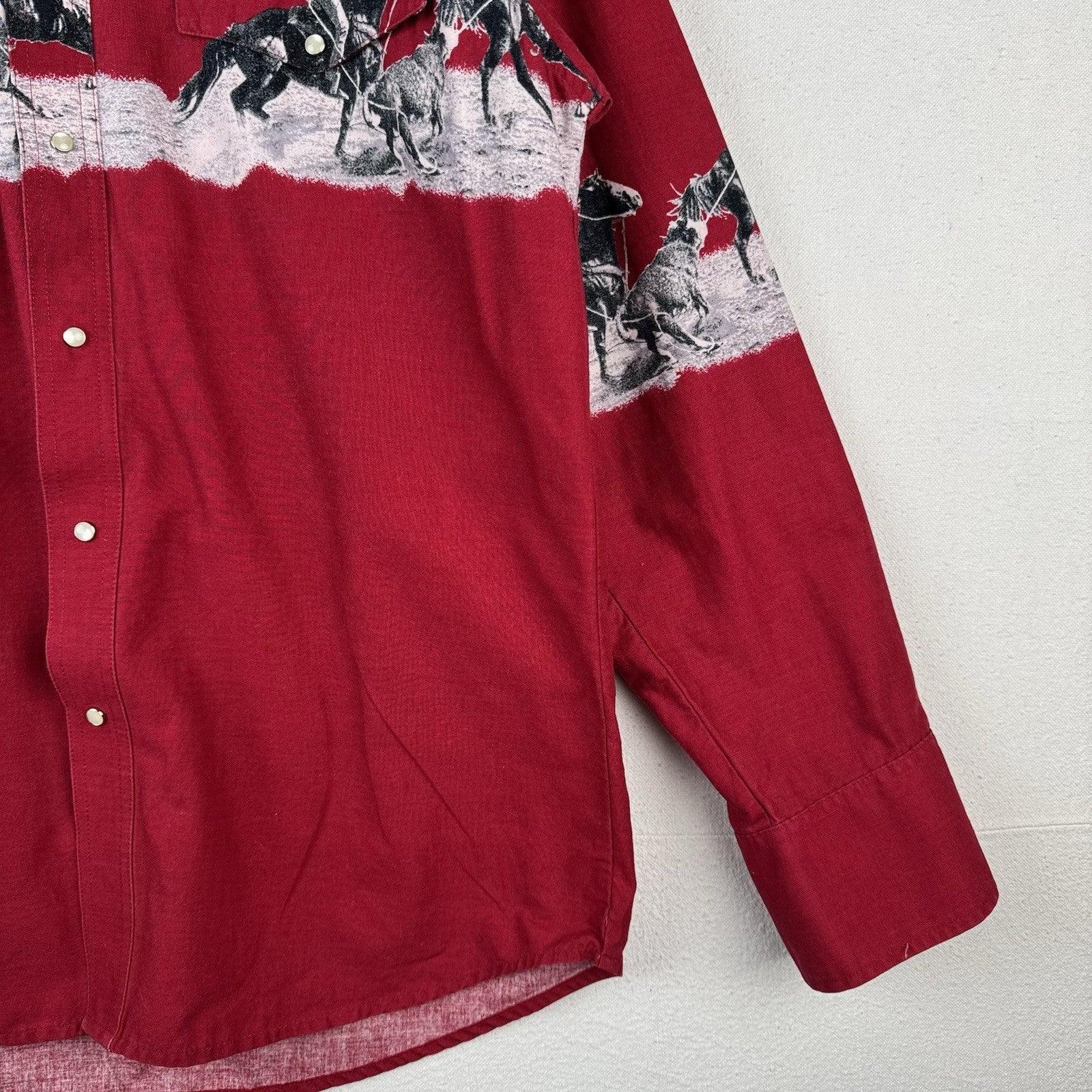 Vtg Wrangler Western Cowboy Print Graphic Pearl Snap Button Shirt Horses XL 46”