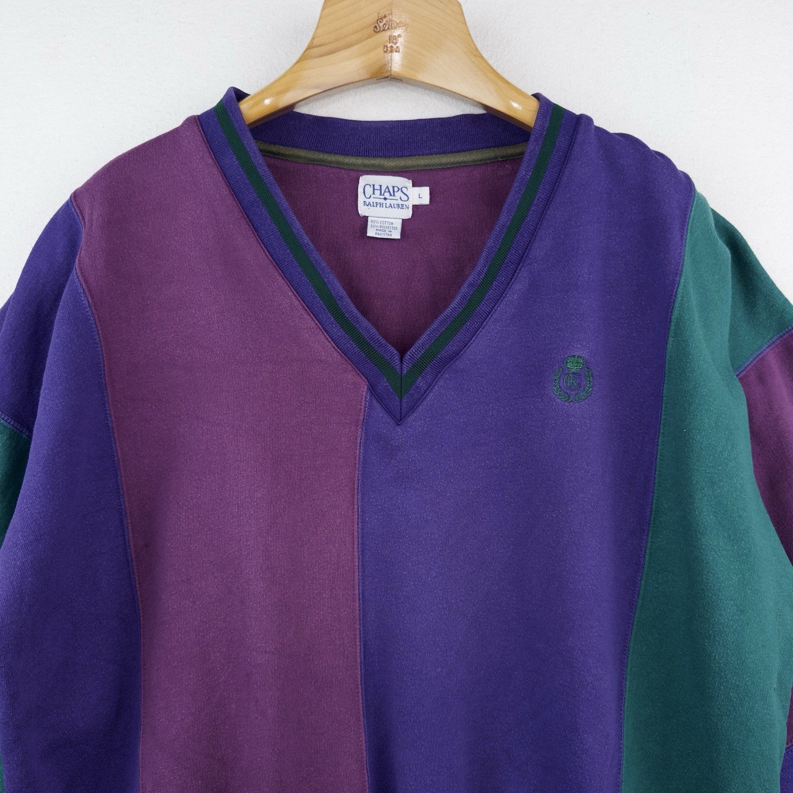 90’s Vtg Chaps Ralph Lauren Men’s L Color Block V-Neck Sweatshirt Sweater