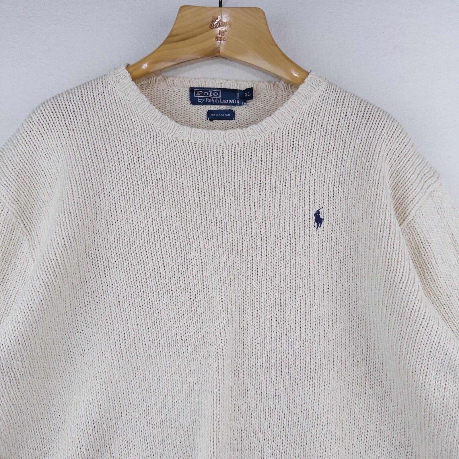 90s Vtg Polo Ralph Lauren Sweater Men's XL Cream 100% Cotton Crewneck Navy Pony