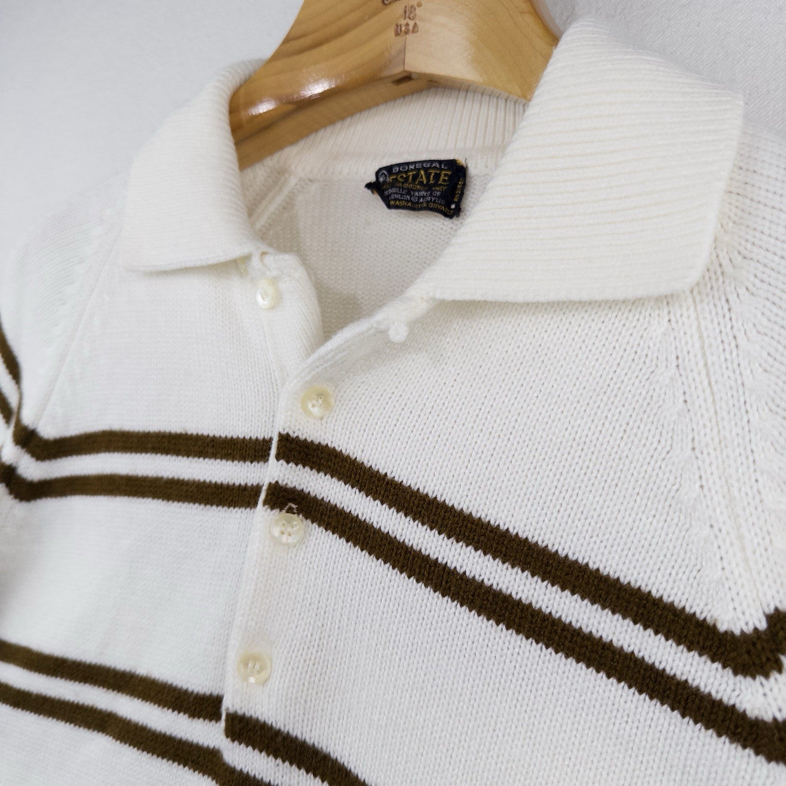 60’s Vtg Donegal Estate Mens L Orlon Acrylic Knit Polo Sweater Loop Collar Cream