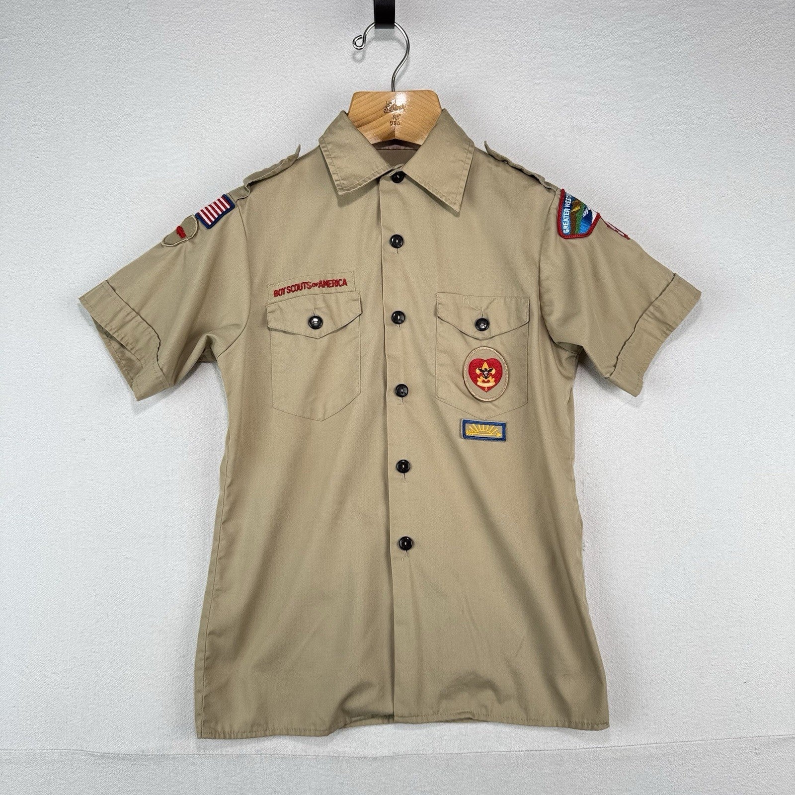 Vintage Boy Scouts of America Shirt Youth L (14-16) Beige Short Sleeve Made USA