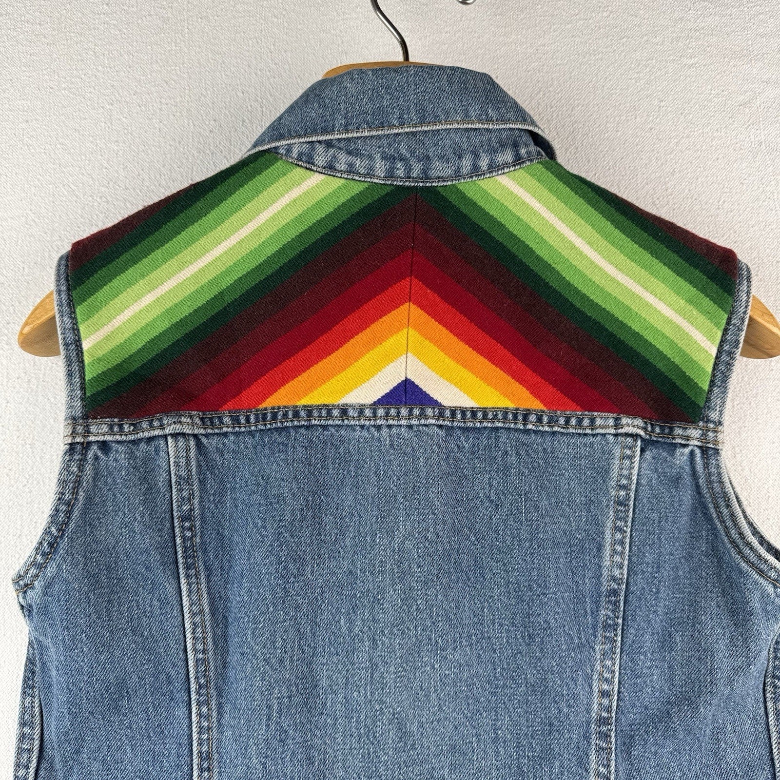 Vintage Levi's Denim Serape Blanket Medium Buckle Back Vest Red Tab Made USA