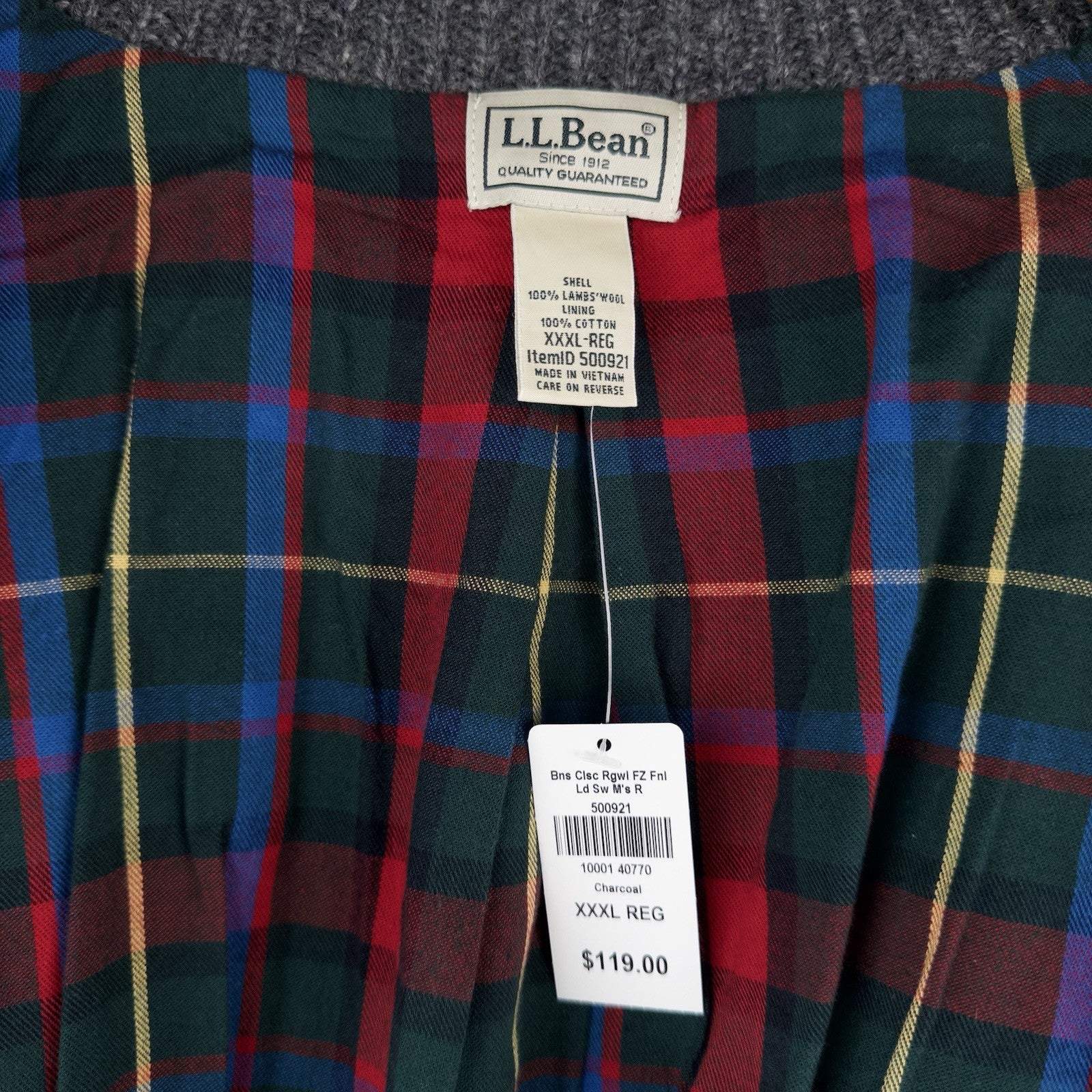 New L.L.Bean Classic Ragg Lambswool Cardigan Full-Zip Flannel Lined Men 3XL Gray