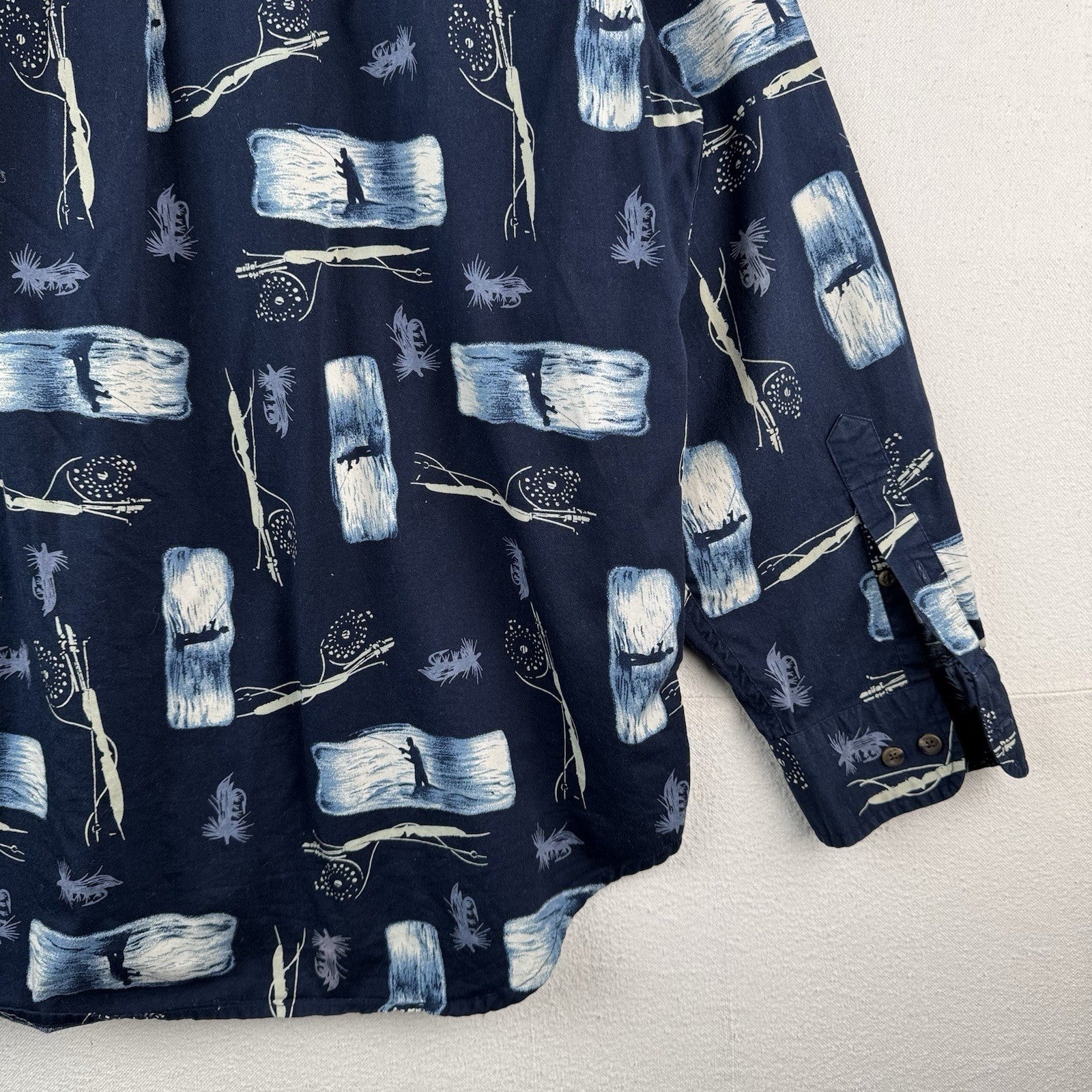 Fly Fishing Fisherman Men’s XL Navy Blue Button Up Shirt 100% Cotton Long Sleeve