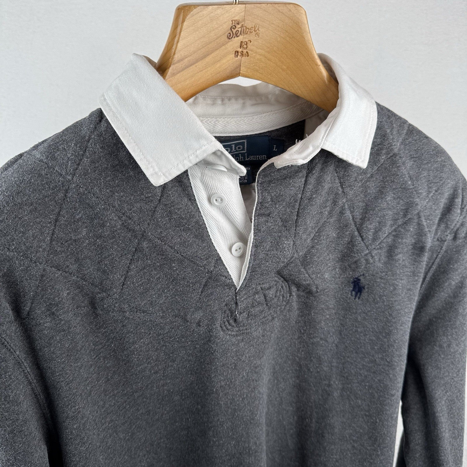 90s Vtg Polo Ralph Lauren Mens L Rugby Shirt Long Sleeve Padded Shoulders/Elbows