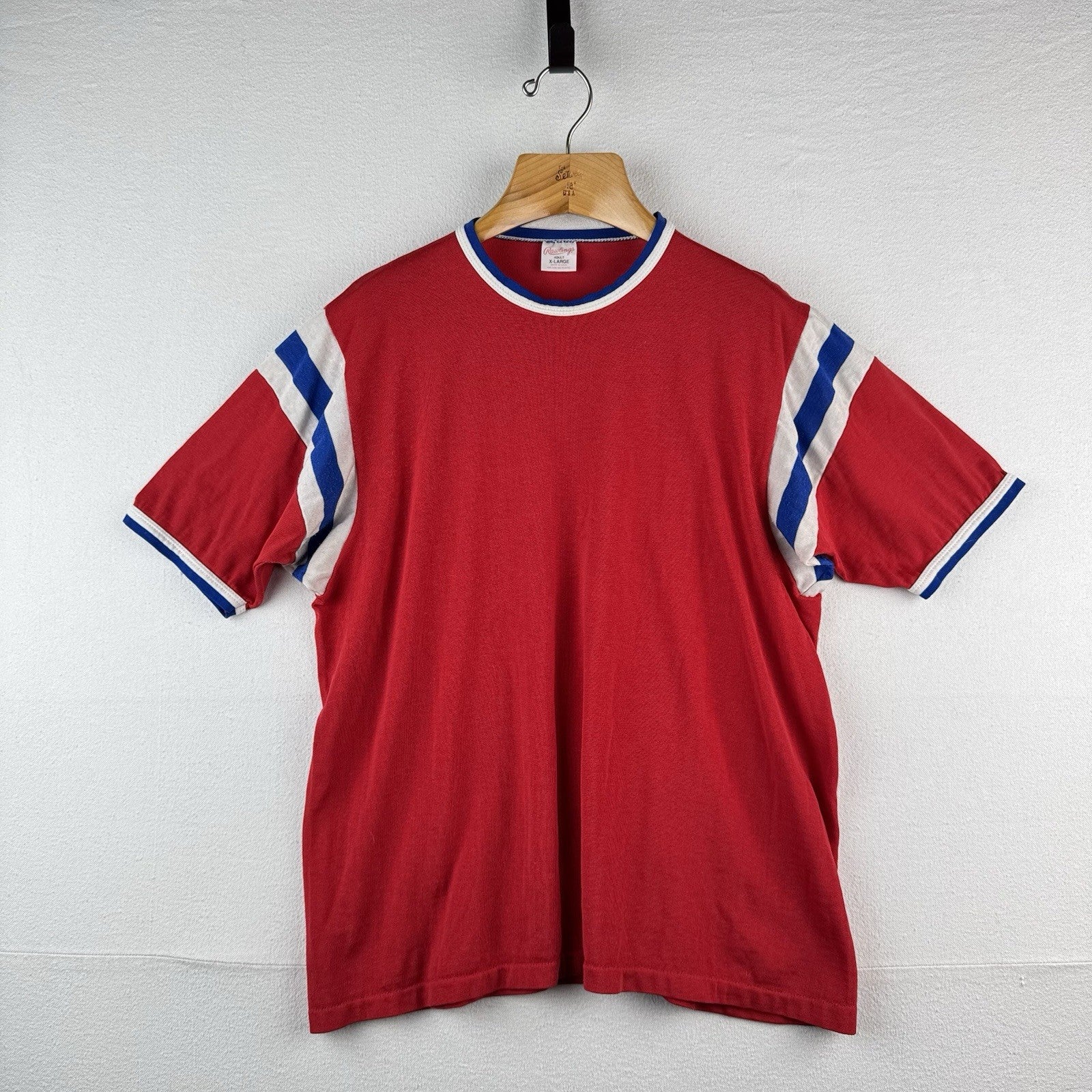 60’s Vtg Rawlings Jersey Ringer Shirt Stripe Red White Blue XL Rayon Made USA