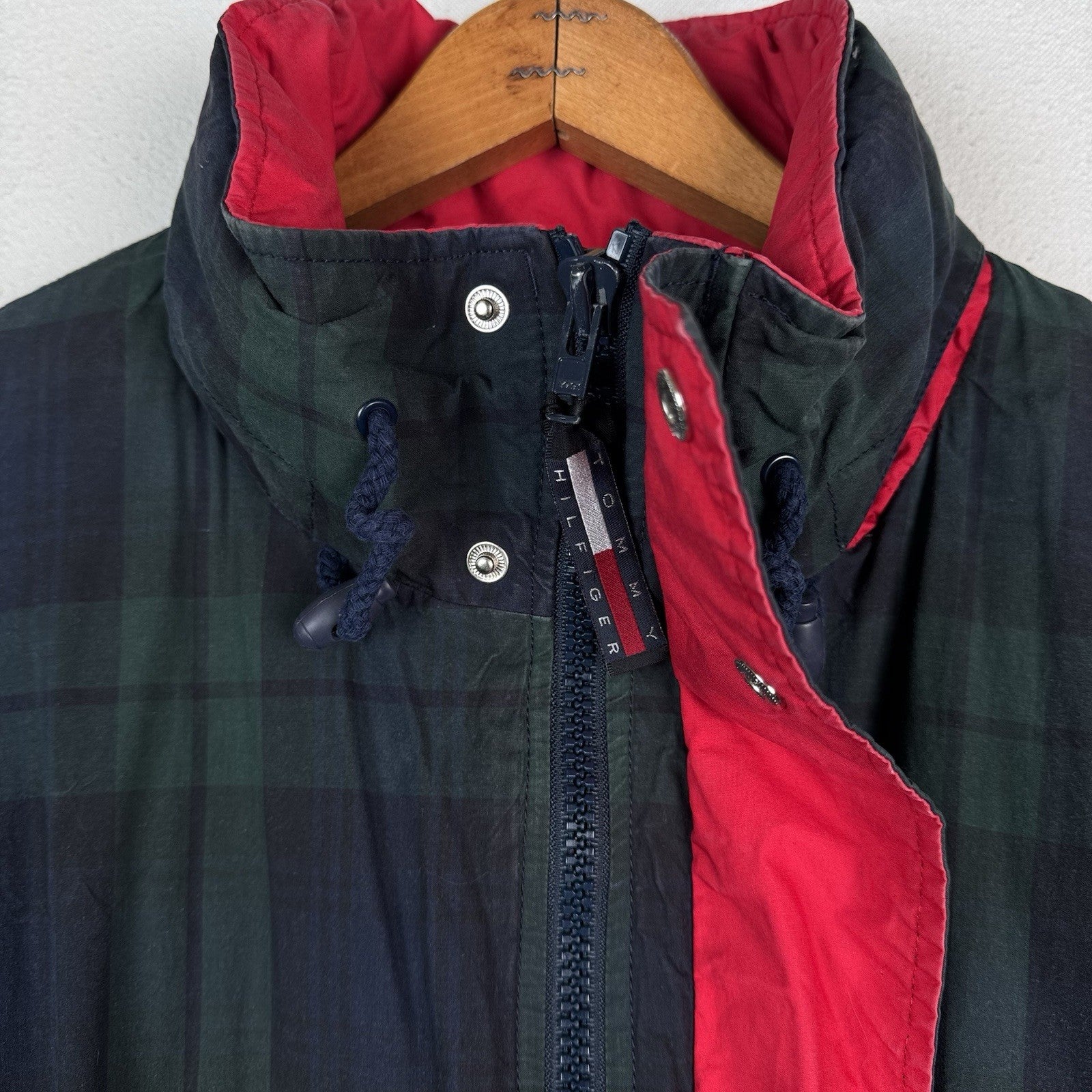 Vintage 90s Tommy Hilfiger Down Coat Ski Jacket Mens XL Tartan Plaid Embroidered