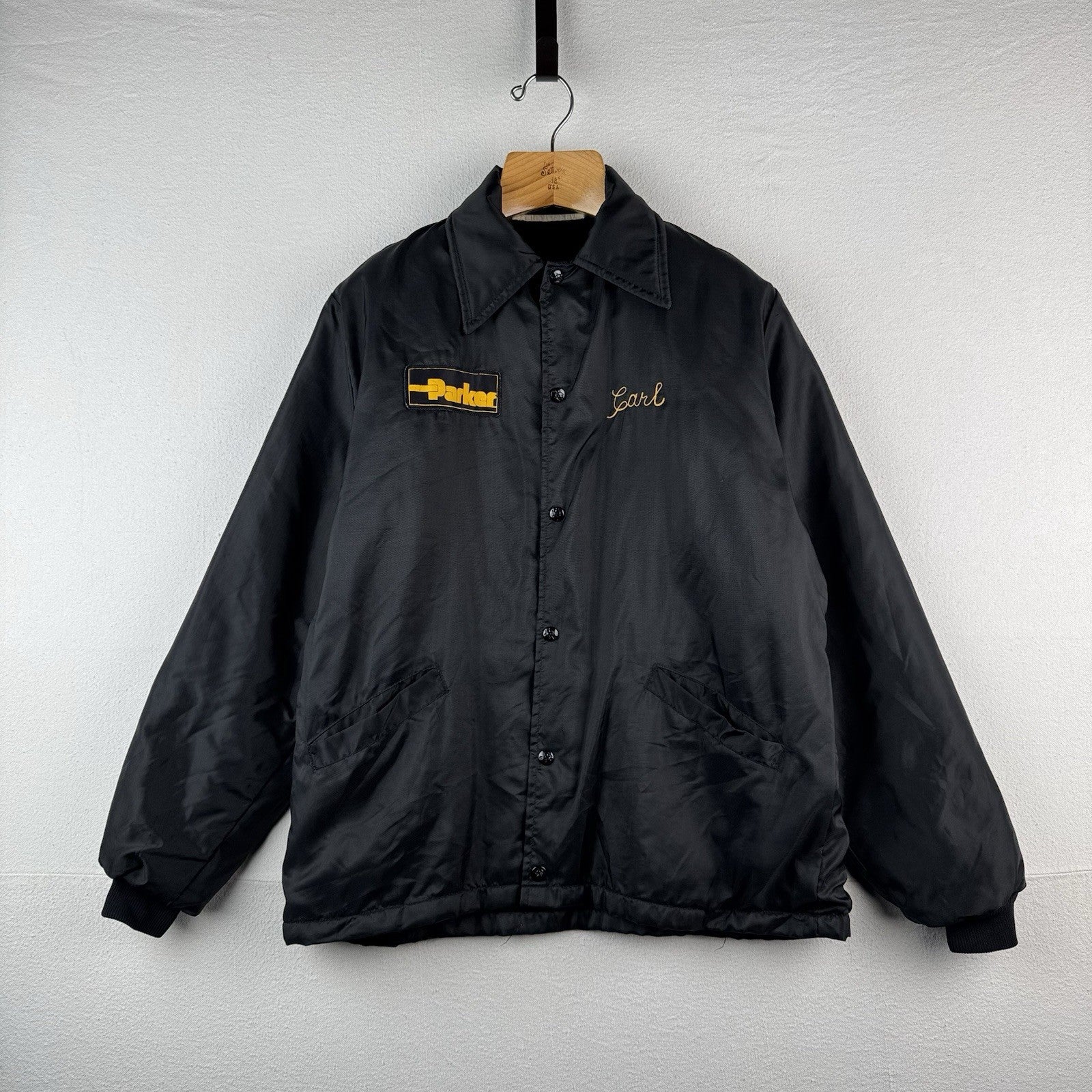 70's Vtg Parker Hannifin Fleece Lined Coach Jacket Chain Stitched "Carl" Black L