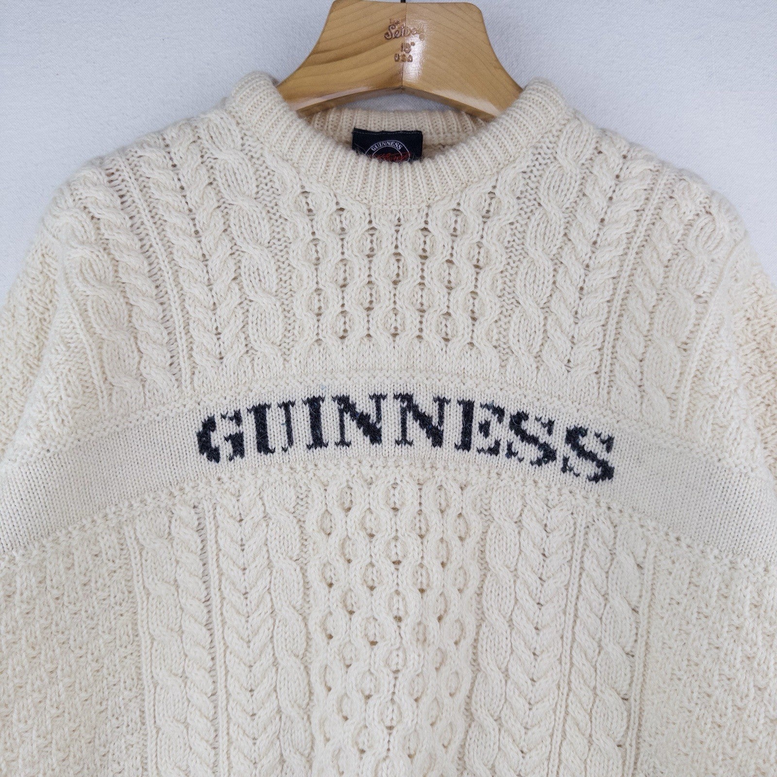 Official Guinness Aran Cable Knit Wool Fisherman Sweater Men's 2XL Made Ireland