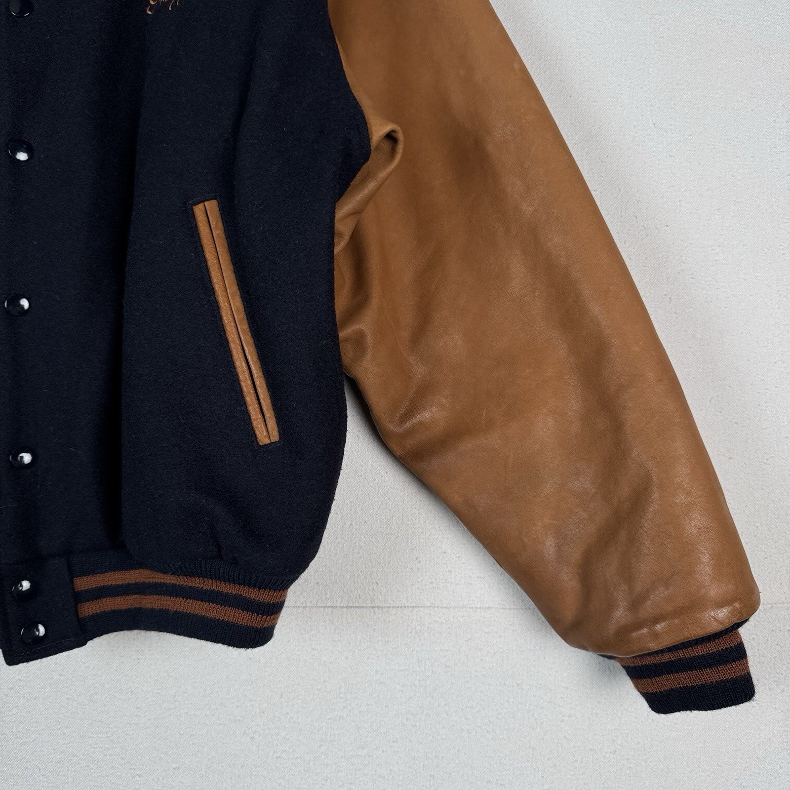 US Customs X Golden Bear Varsity Navy Wool Leather Jacket Mens Large Made USA