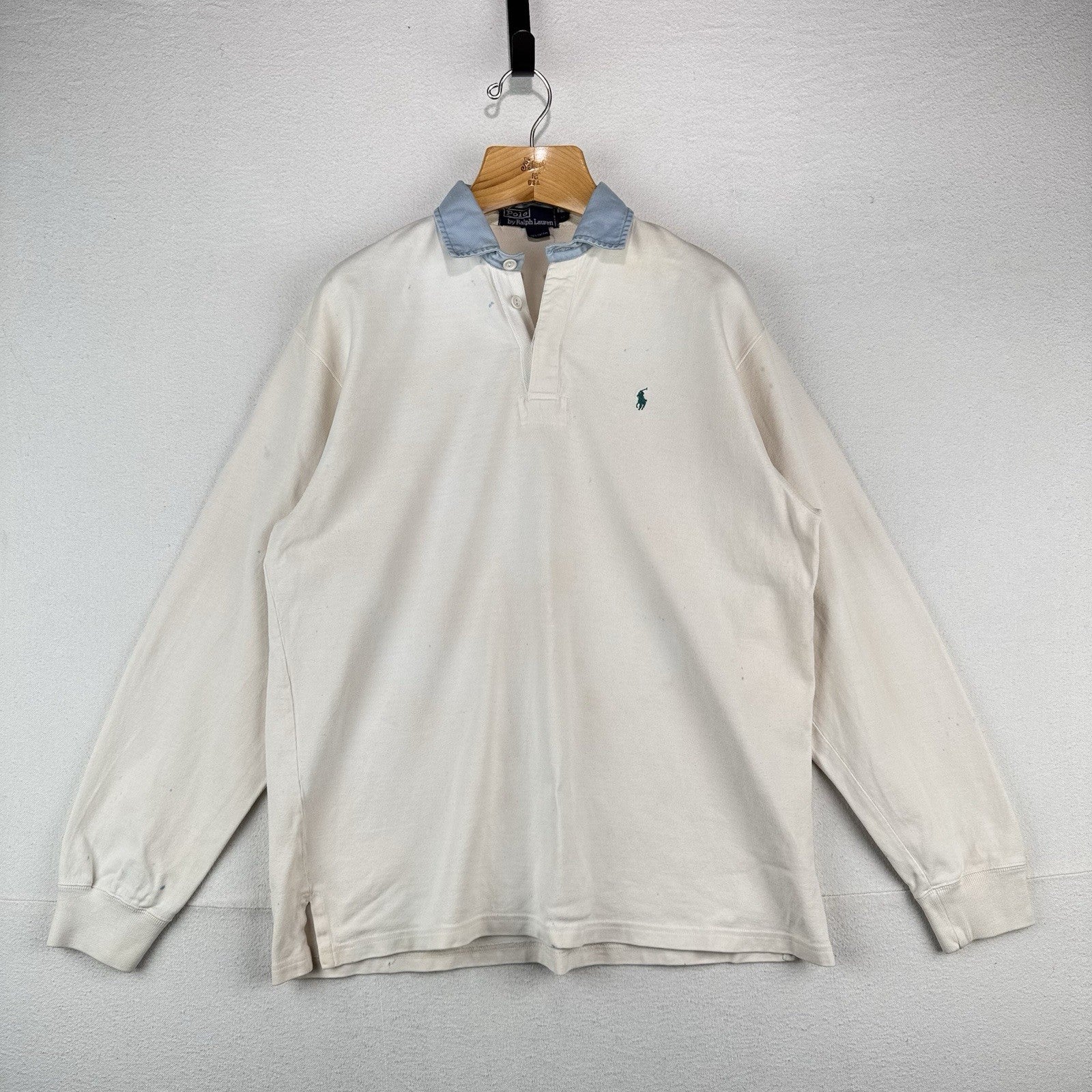 90’s Vtg Polo Ralph Lauren Shirt Men’s M Ink Splatter Rugby White Denim Collar