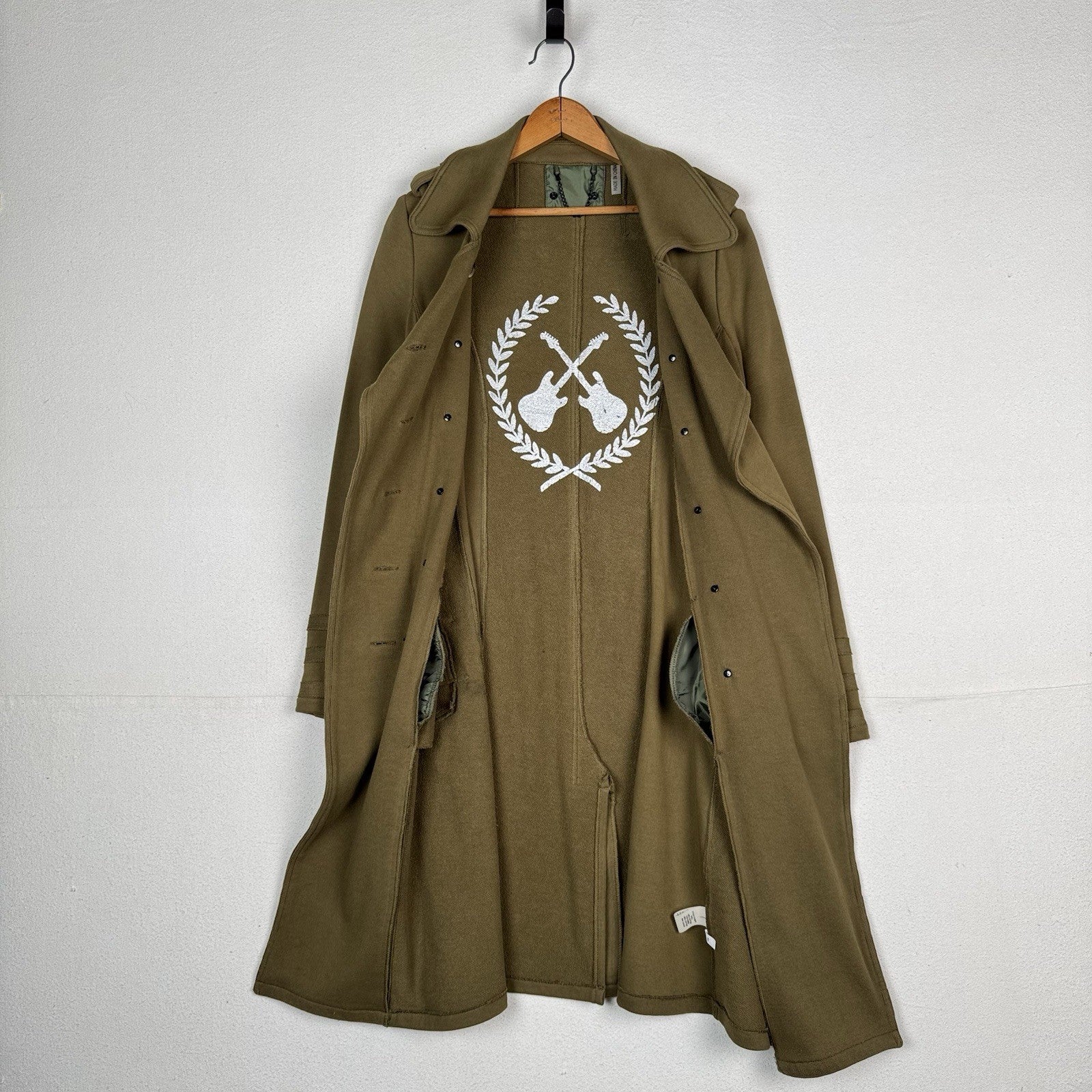 Military Style Double Breasted Knit Green Brown Long Trench Jacket Women’s Small