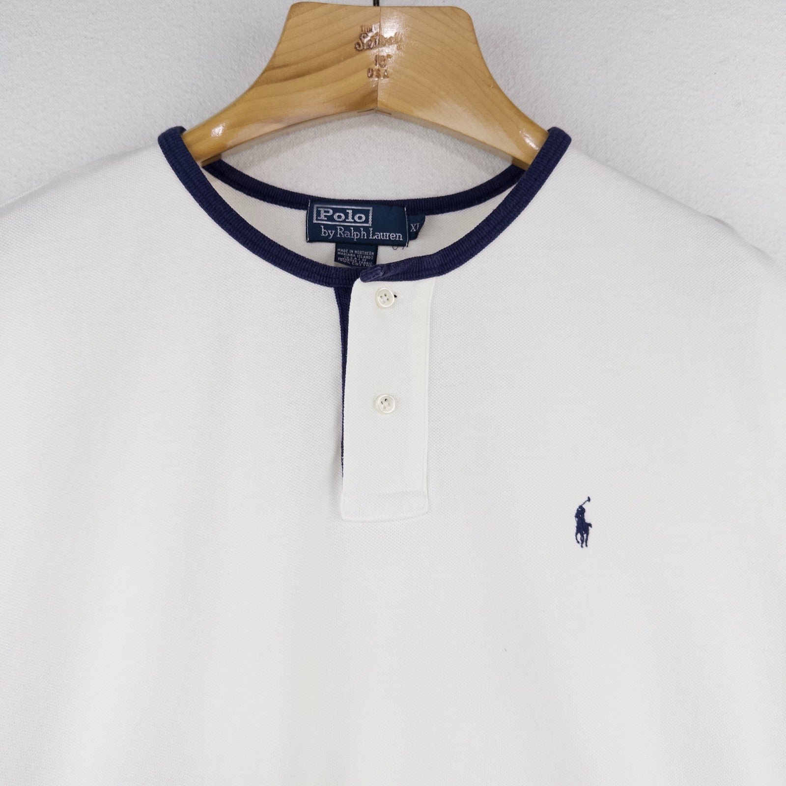 90’s Vtg Polo Ralph Lauren Henley Shirt Mens XL White Navy Ringer Cotton Pique