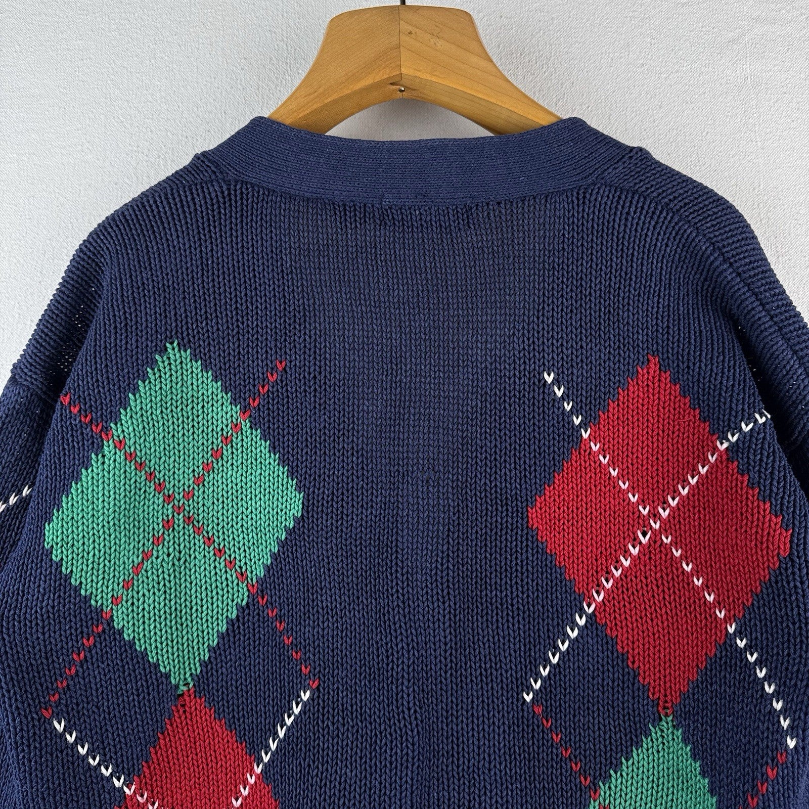 80’s Vintage Argyle Cardigan Sweater Blue Diamond Knit Unisex Medium