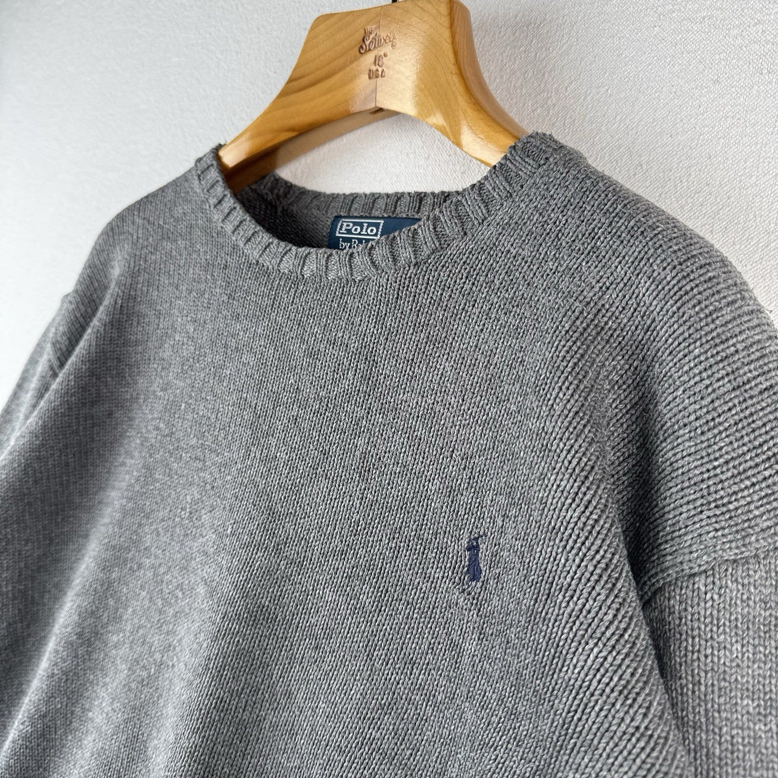 90's Vtg Polo Ralph Lauren Cotton Gray Knit Crewneck Sweater Men's 2XL Blue Pony