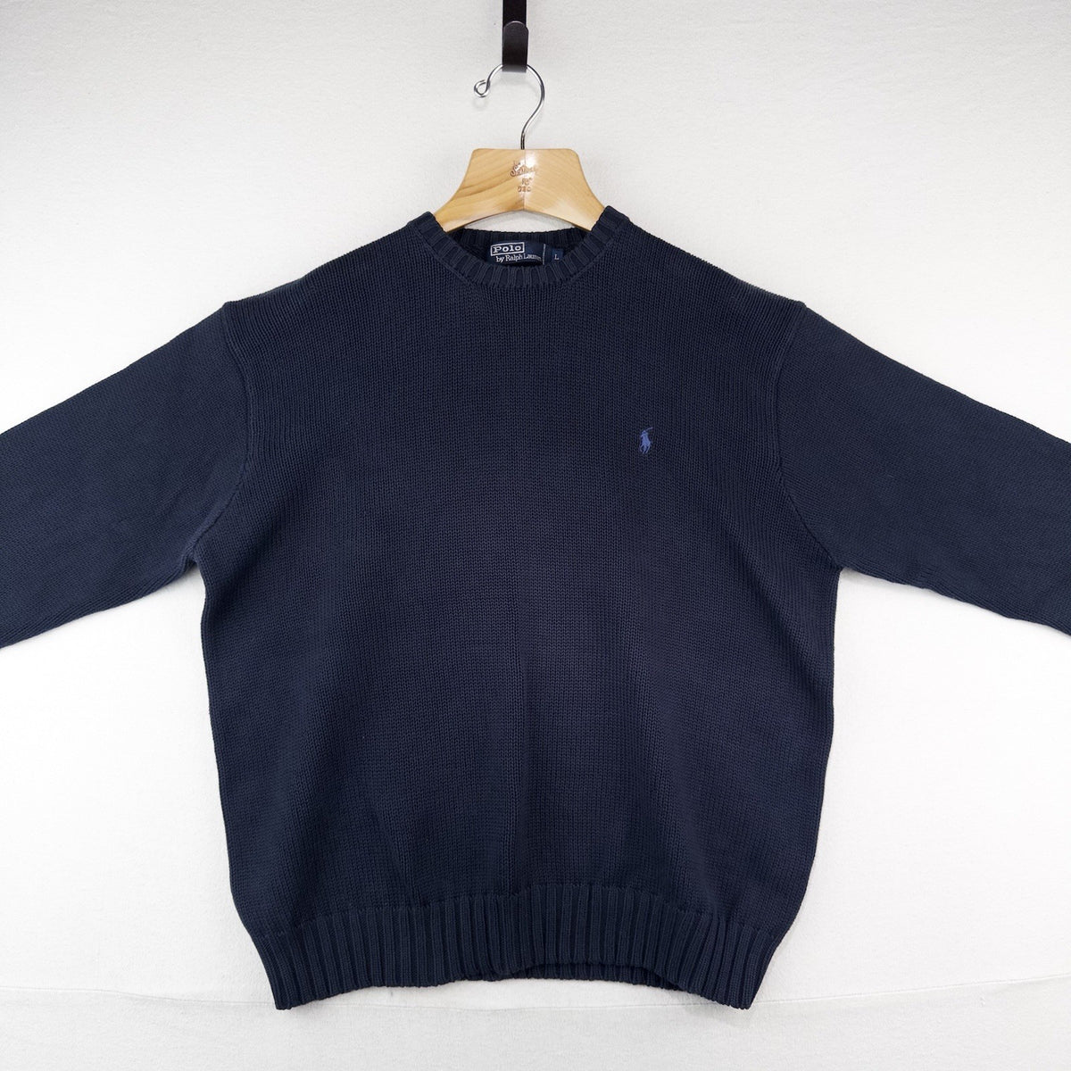 90's Vintage Polo Ralph Lauren Sweater Men's L Navy Blue Knit Crewneck Red Pony