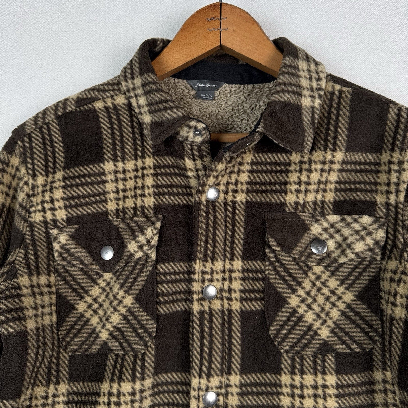 Eddie Bauer Boys Thick Fleece Sherpa Lined Jacket Shirt Brown Plaid Size 14/16