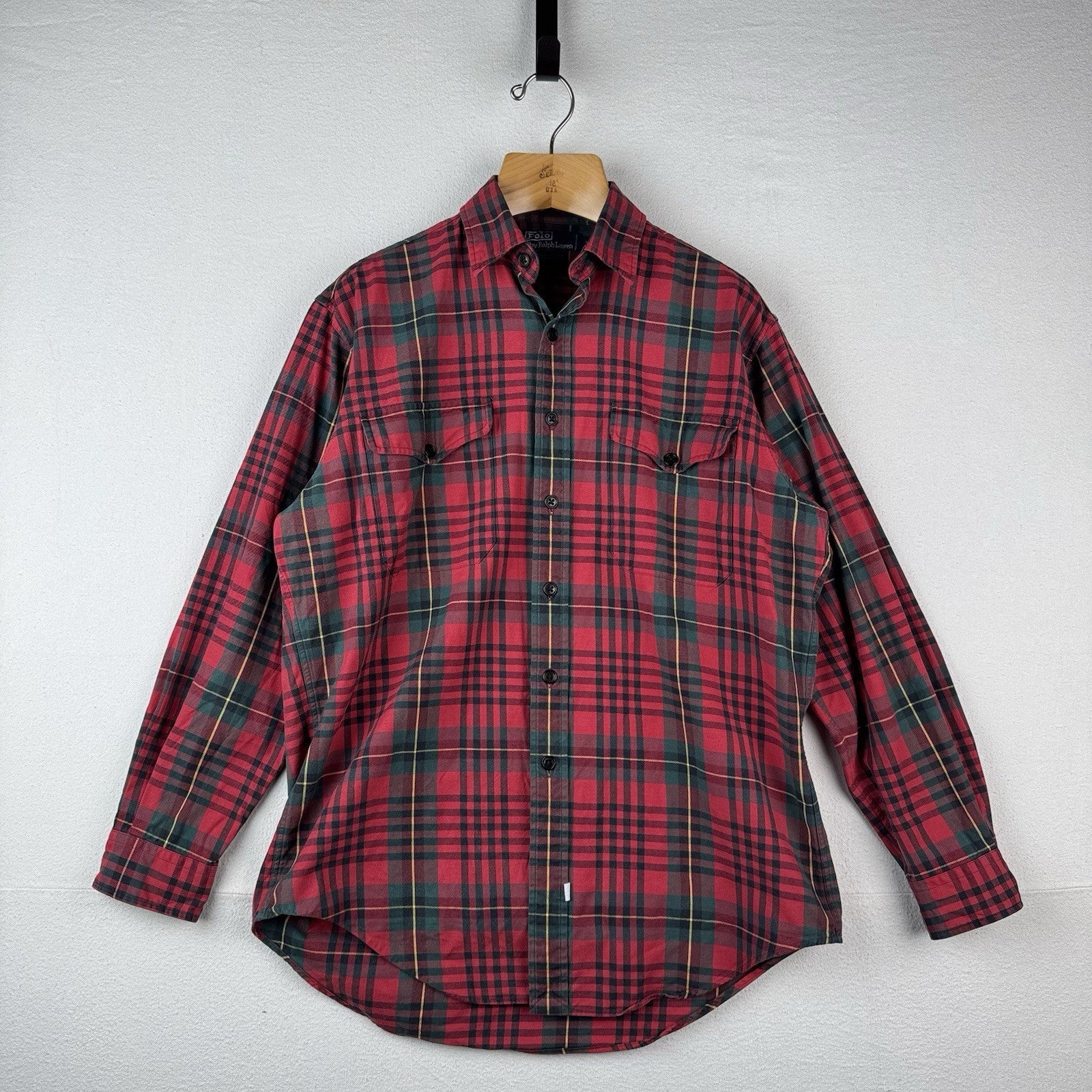 90’s Vtg Polo Ralph Lauren Tartan Plaid Wool Blend Flannel Shirt Men's M Red