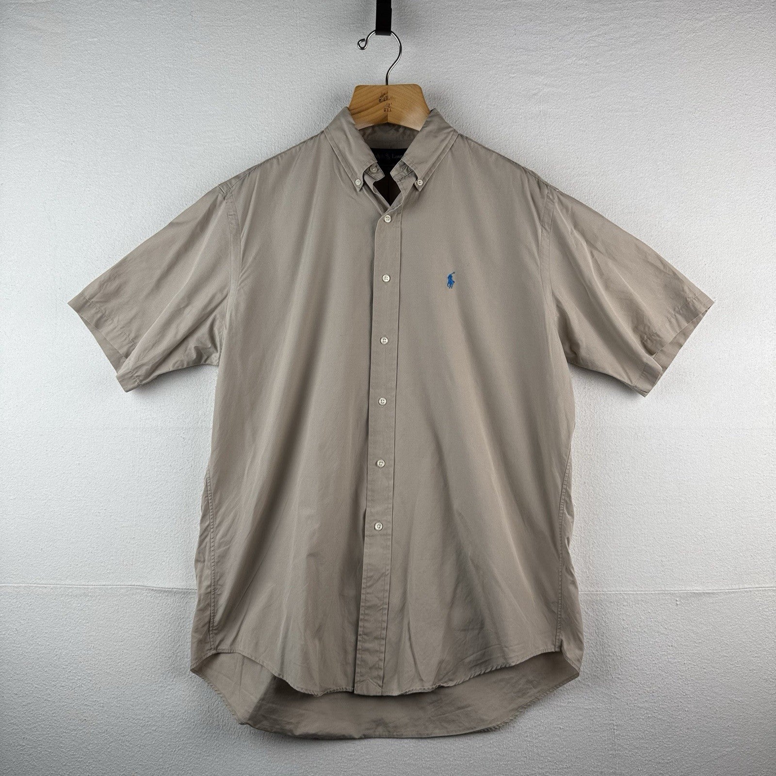 Vintage Ralph Lauren Mens L Beige Classic Fit Short Sleeve Button Down Shirt