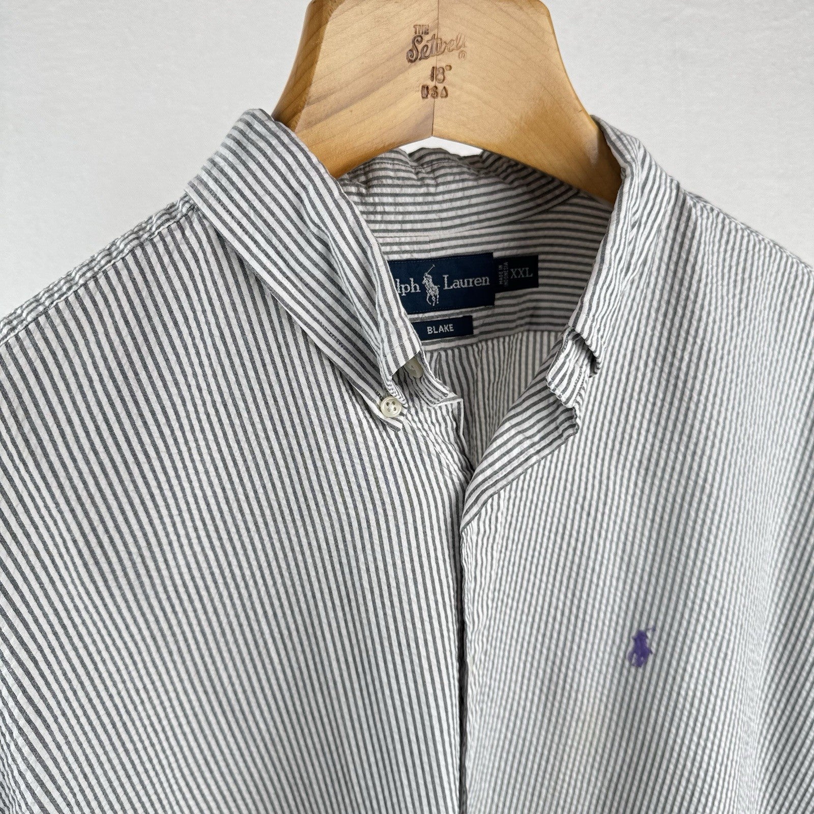 Vtg Ralph Lauren Seersucker Men’s 2XL Blake Short Sleeve Button Shirt Gray White