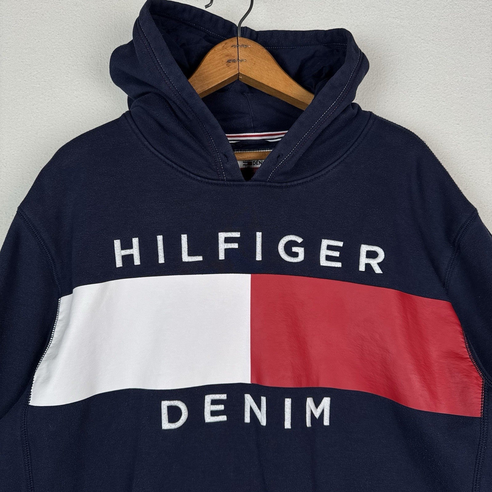 Tommy Hilfiger Men's Flag Logo Spell Out Hoodie Sweatshirt Blue XXL 2XL