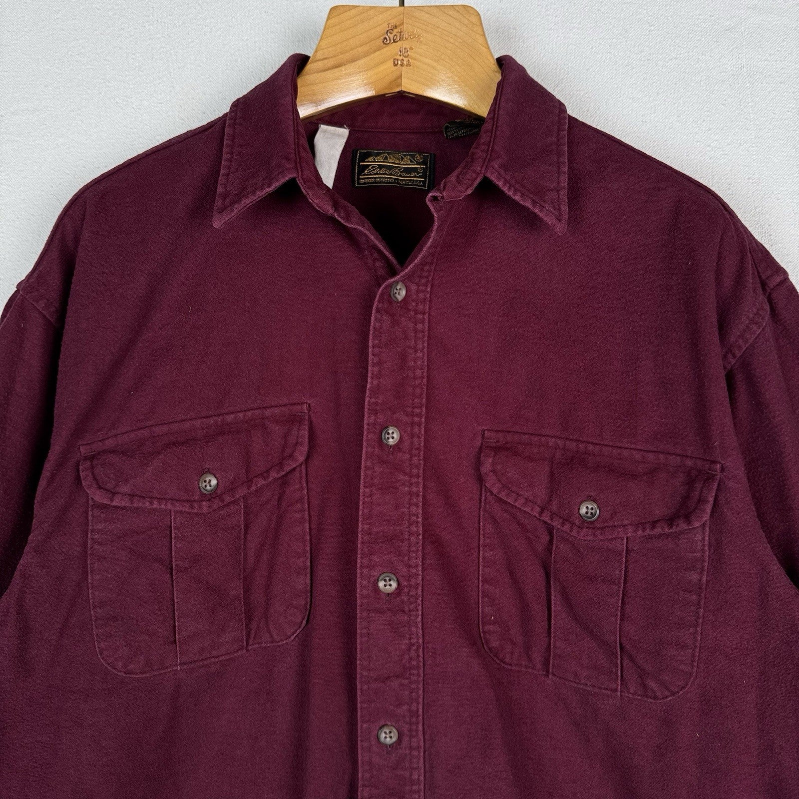 Vintage Eddie Bauer Men’s Large Burgundy Red Heavy Flannel Chamois Made USA