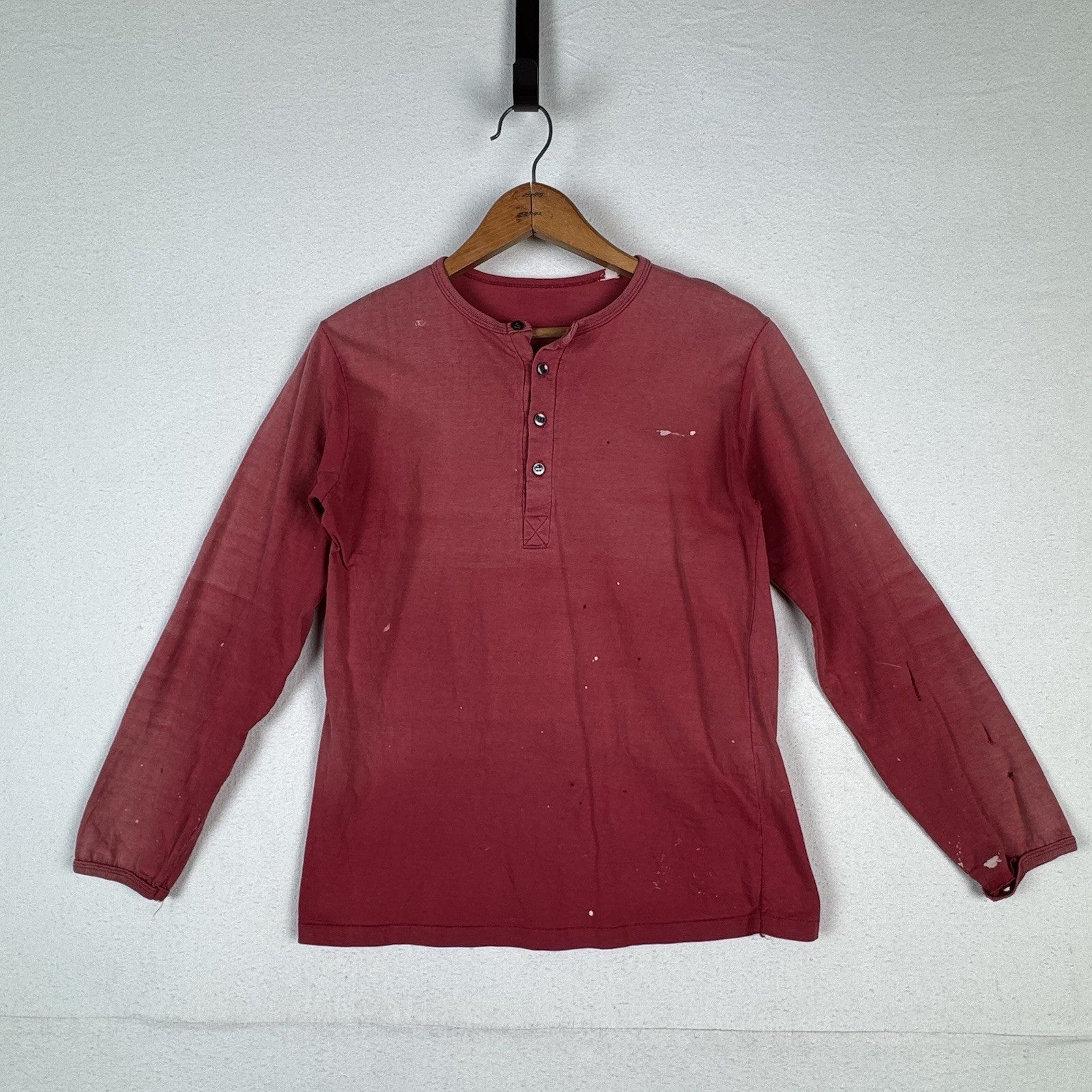 True Vintage 50s Kids Small Faded Distressed Red Henley Shirt Made In USA
