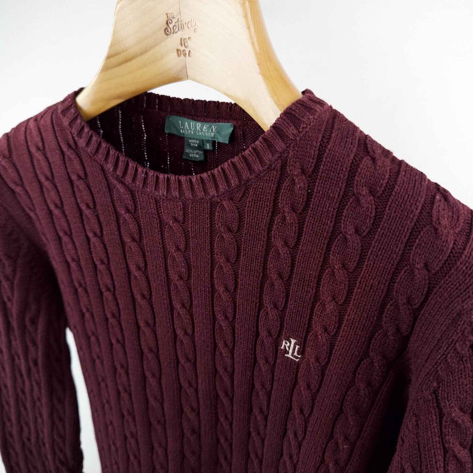 Ralph Lauren LRL Womens Small Maroon 100% Cotton Sweater 3D Cable Knit Crewneck