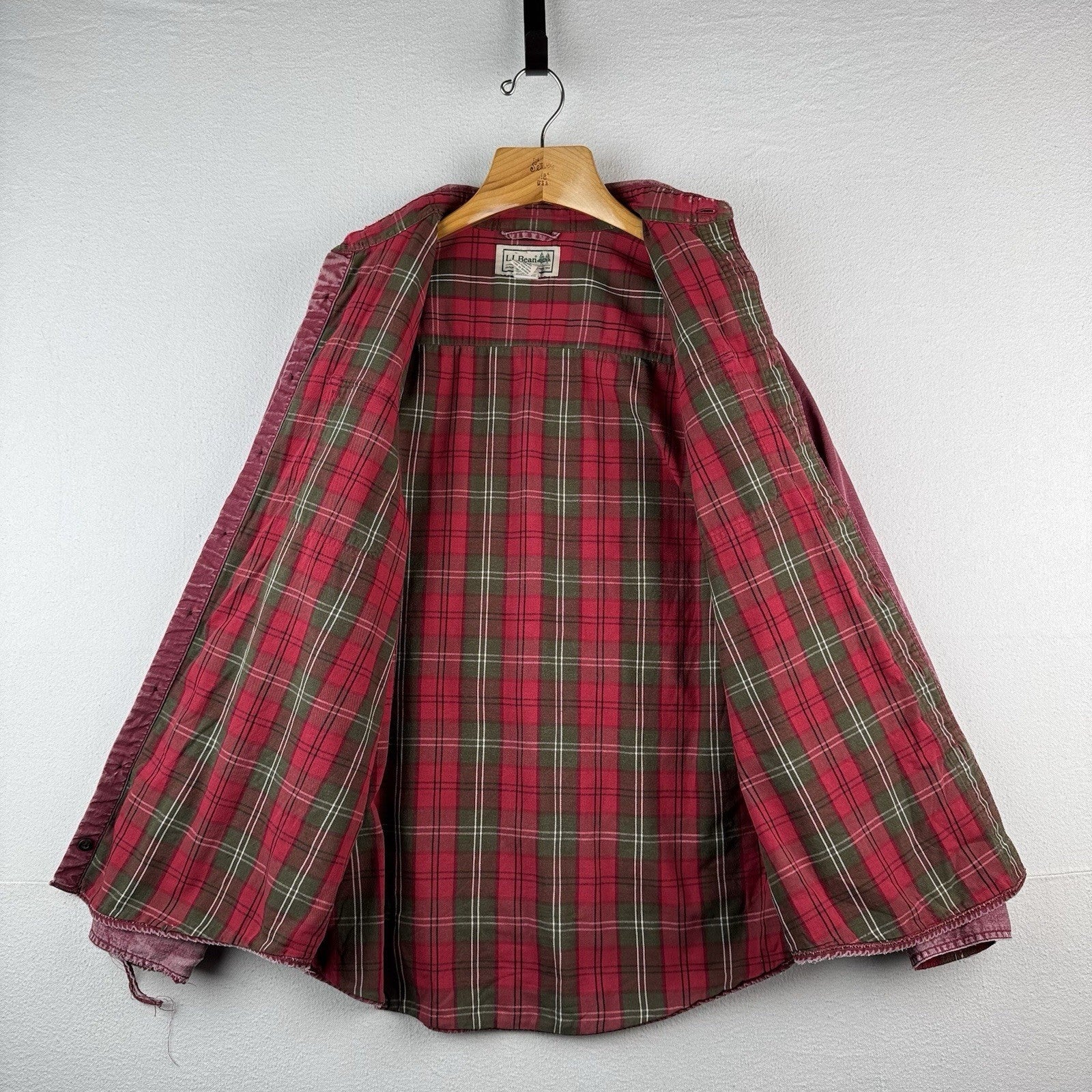 Vtg LL Bean Hurricane Shirt Mens Large Wine Red Plaid Flannel Lined Distressed