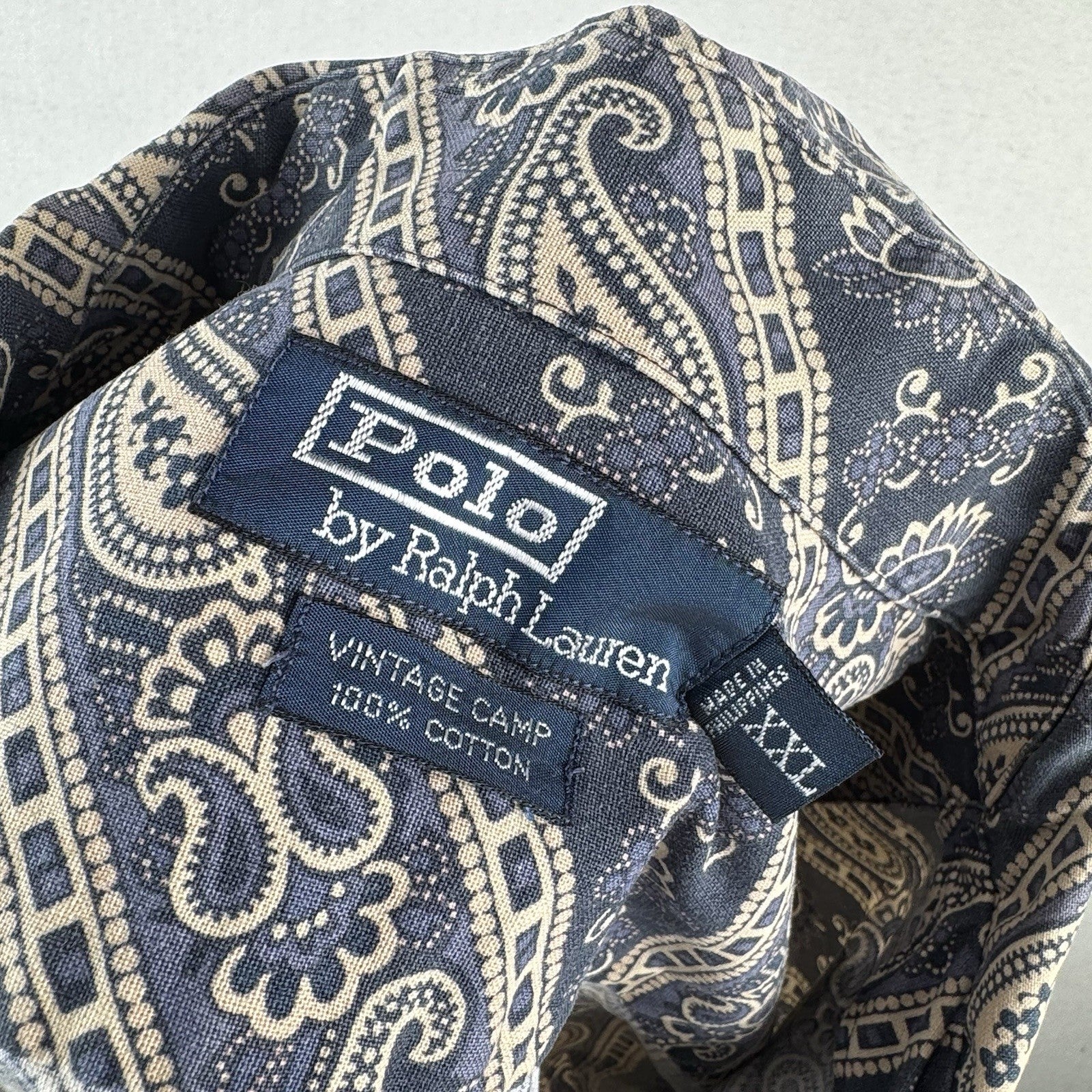 90s Vintage Polo Ralph Lauren Loop Collar Camp Shirt Blue Bandana Paisley