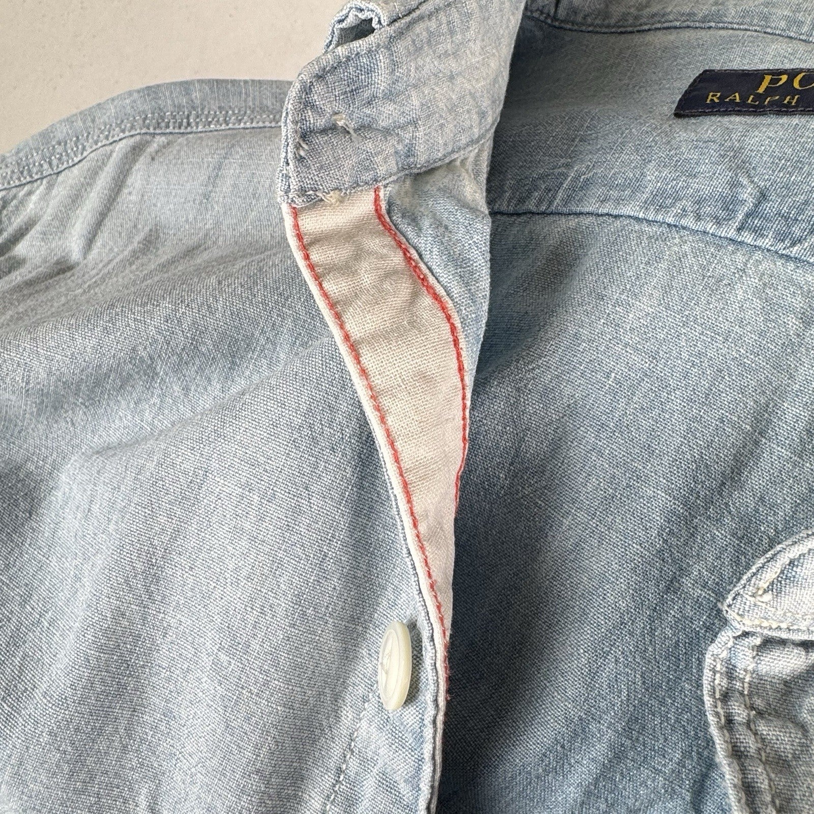 90s Polo Ralph Lauren Men’s Large Chambray Denim Shirt Blue Yacht Club RLYC Flag