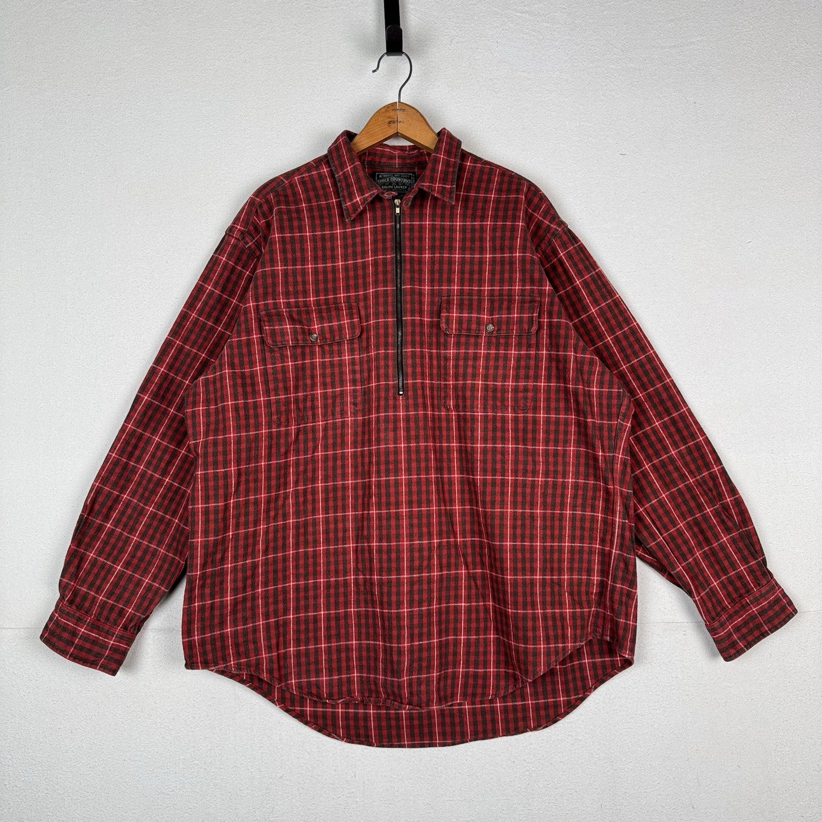 Rare Polo Country Ralph Lauren Red Cotton Flannel Quarter Zip Western Wear XL