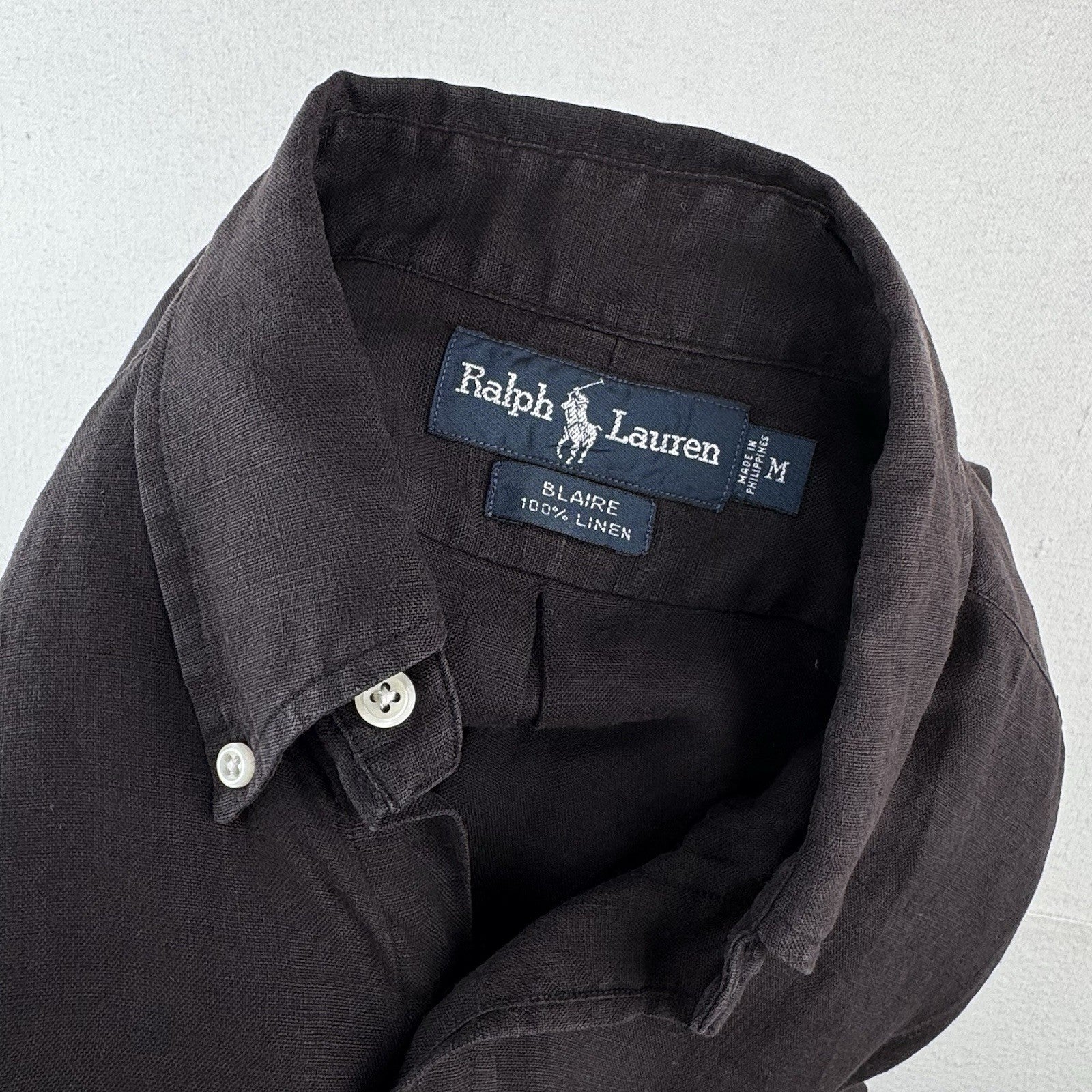 Vtg Ralph Lauren Blaire Black Linen Short Sleeve Shirt Mens Medium Button Down